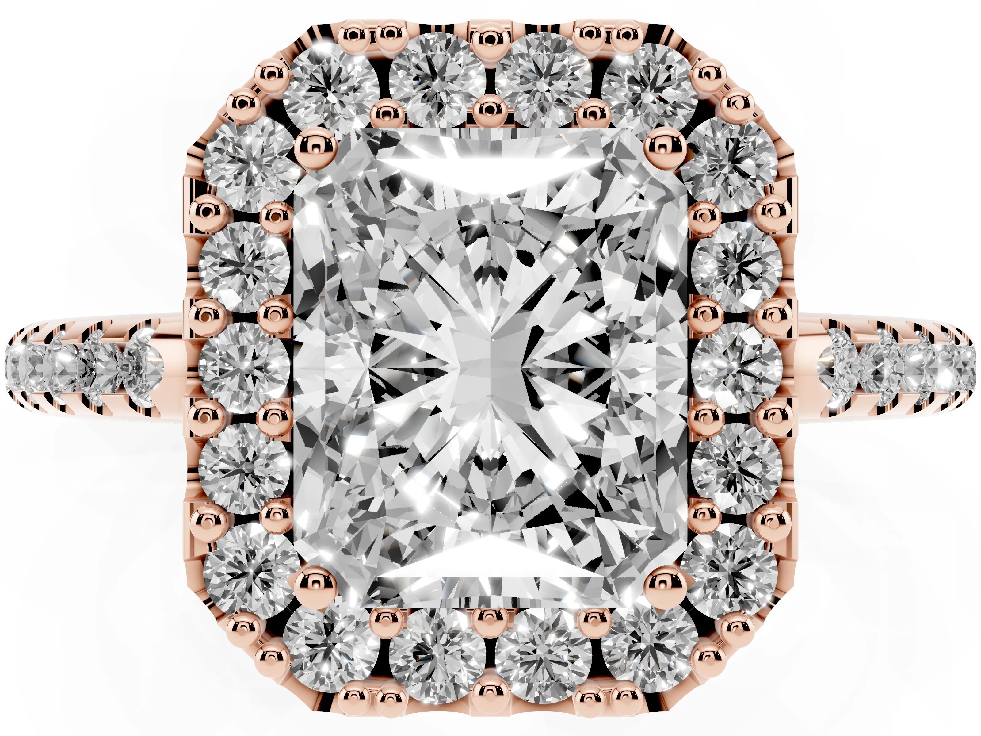 Radiant Cut Diamond Pavé Halo Ring Set in Rose gold with Prong Setting