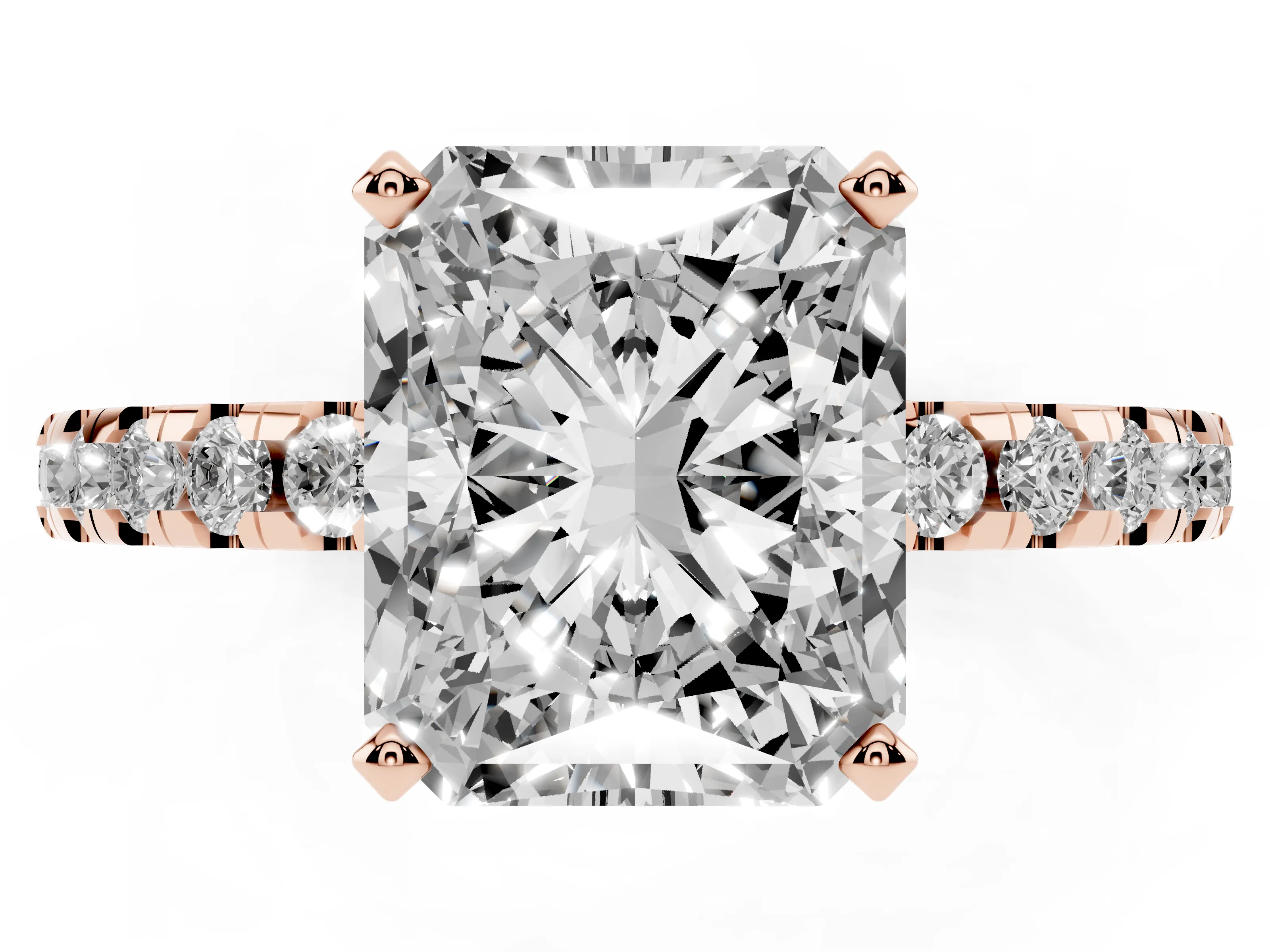 Radiant Cut Diamond Pavé Solitaire Ring Set in Rose gold with Round Band Accents and Prong Setting