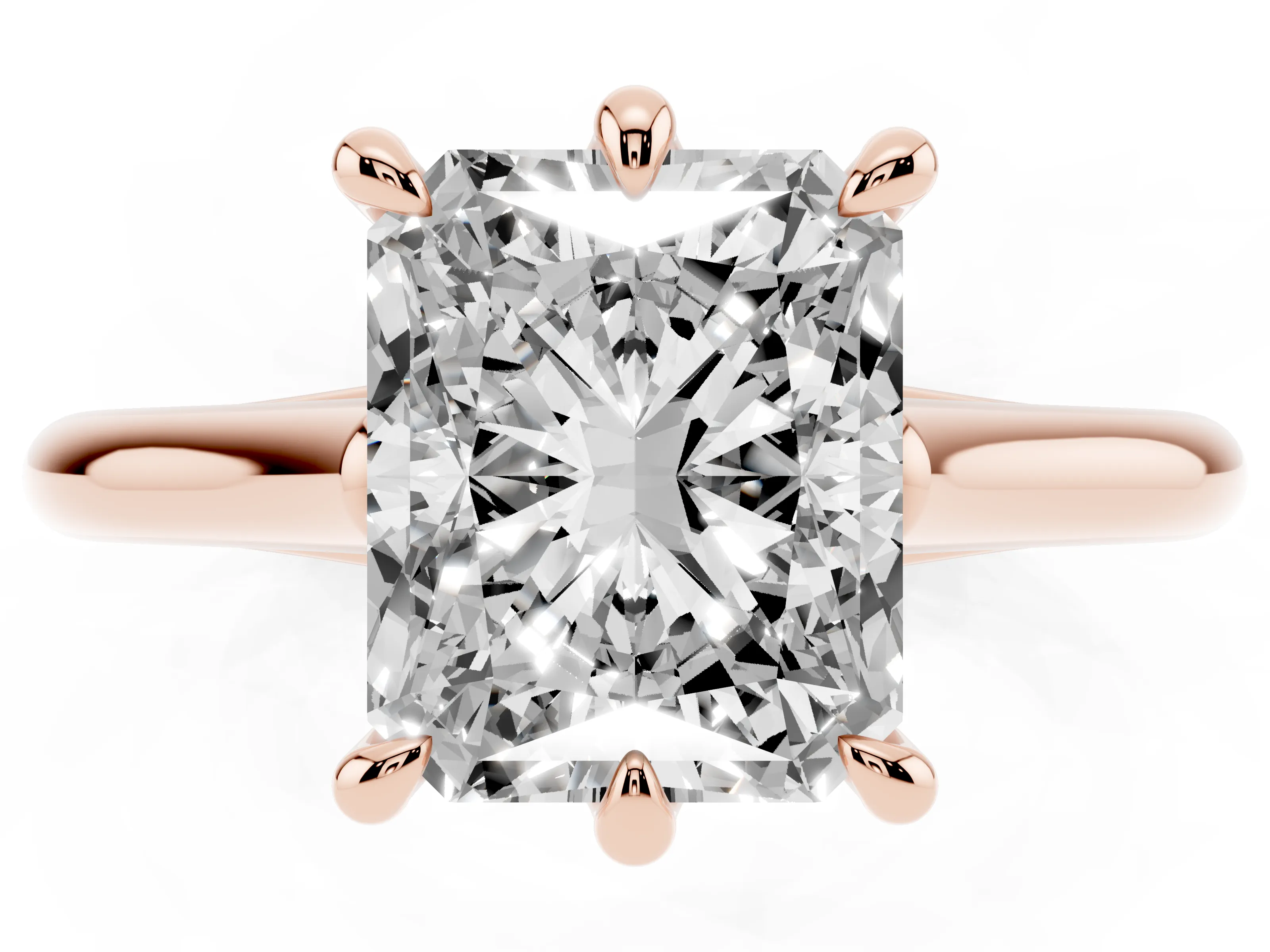 Radiant Cut Diamond Solitaire Engagement Ring Set in Rose gold with Prong Setting and Plain Classic Band
