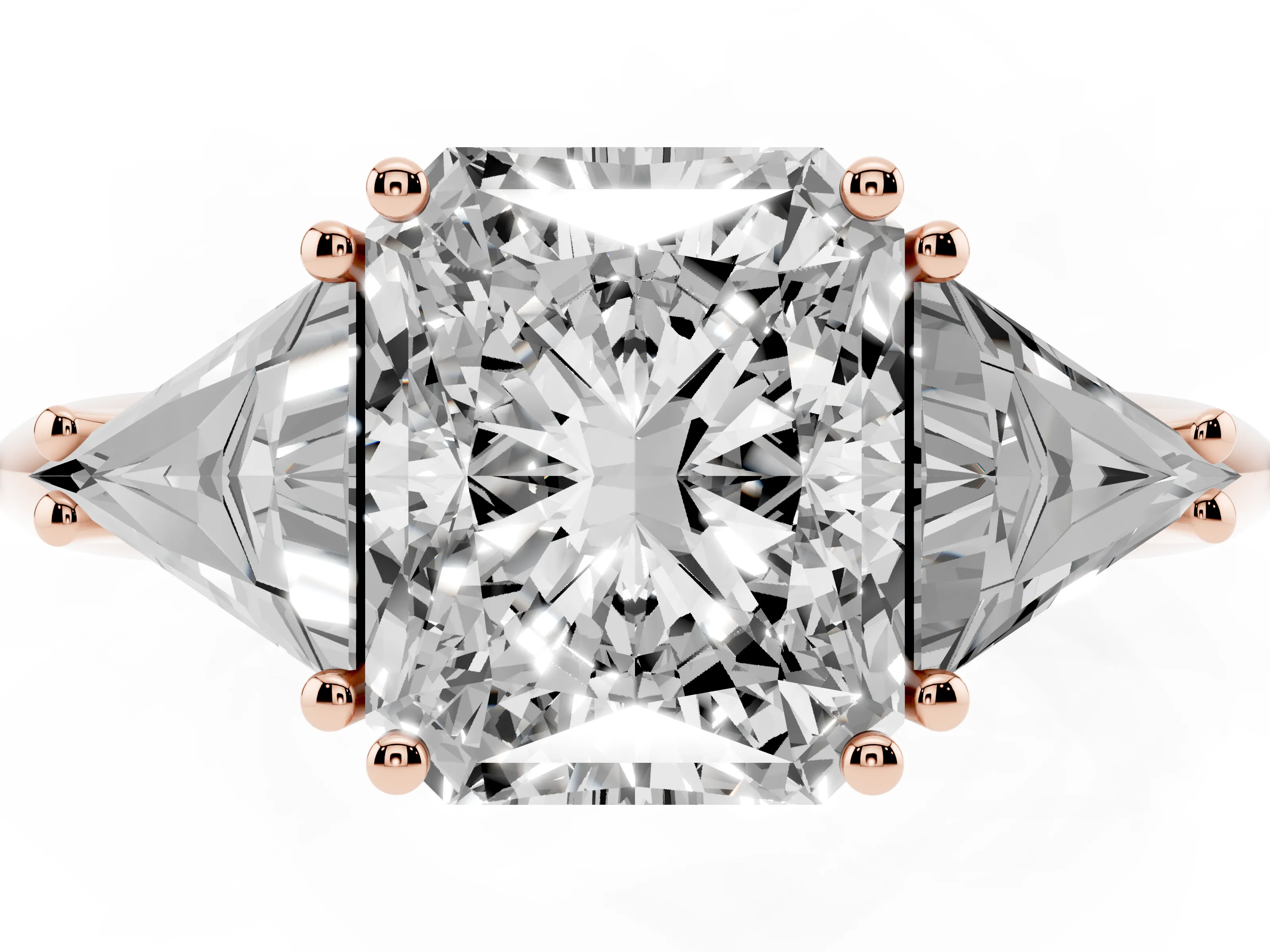 Radiant Cut Diamond Three-Stone Engagement Ring Set in Rose gold with Trillion Side Stones