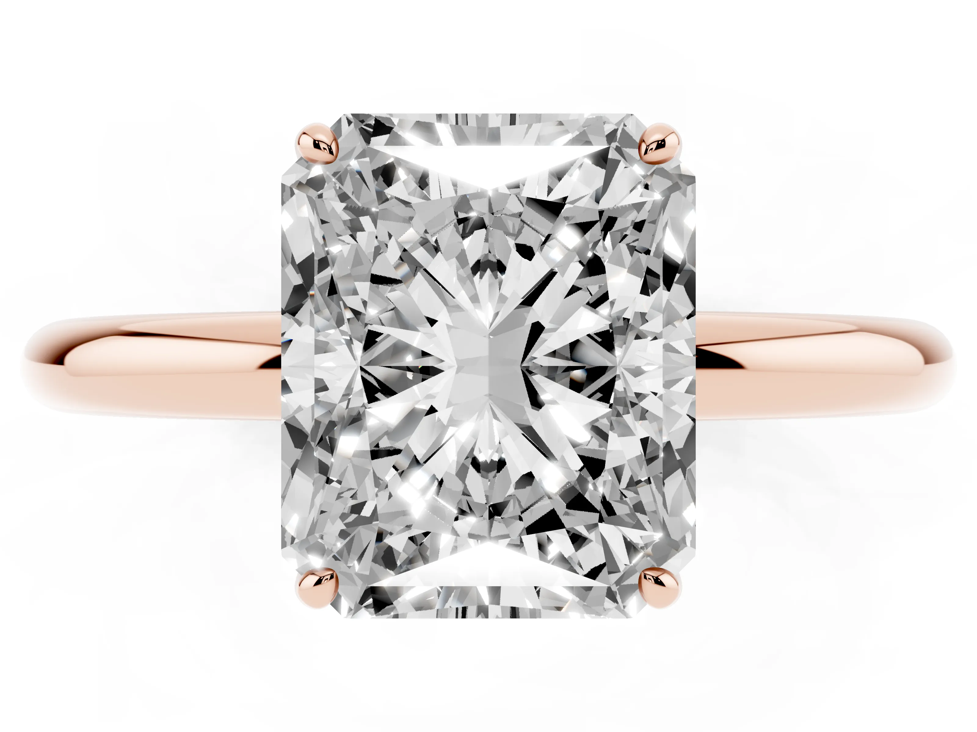 Radiant Cut Diamond Solitaire Ring Set in Rose gold with Prong Setting on a Polished Plain Band