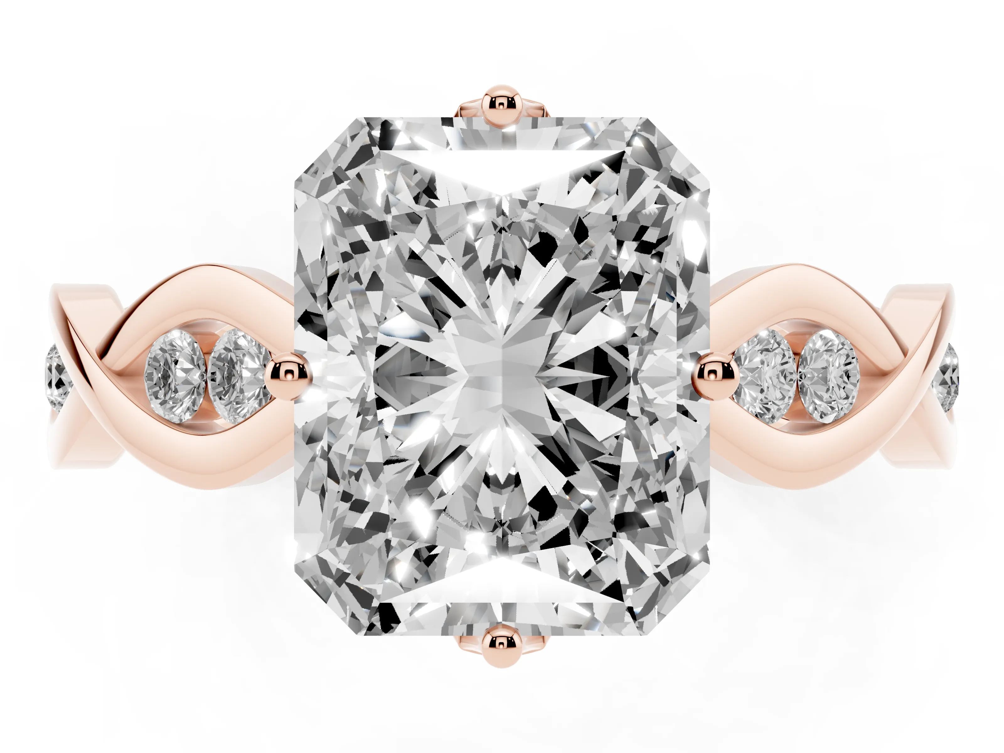 Radiant Cut Diamond Twist Band Solitaire Ring Set in Rose gold with Leaf Prong Setting and Accent Stones