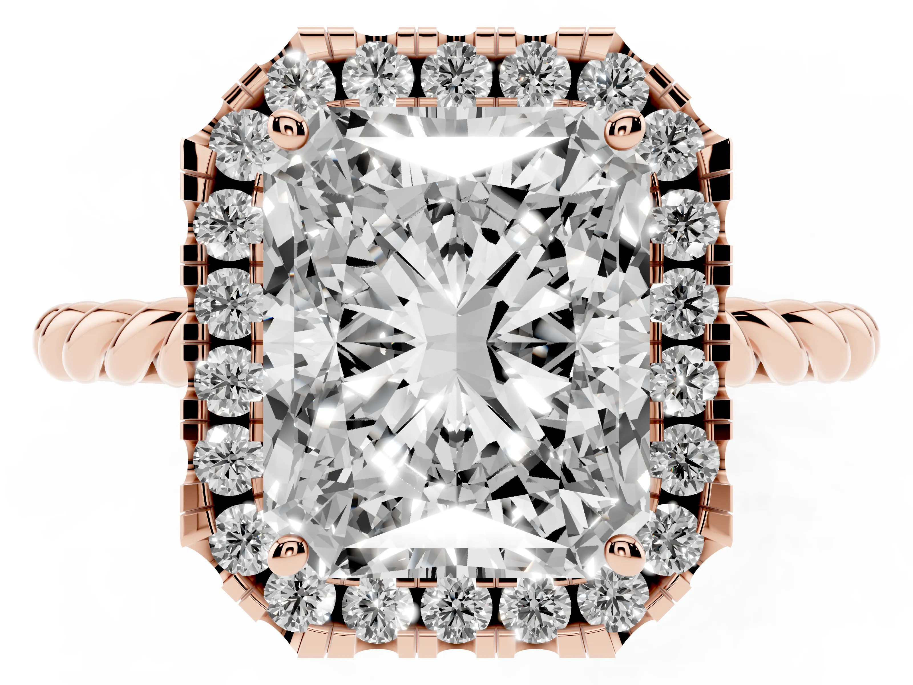 Radiant Cut Diamond Halo Ring Set in Rose gold with Plain Twisted Band