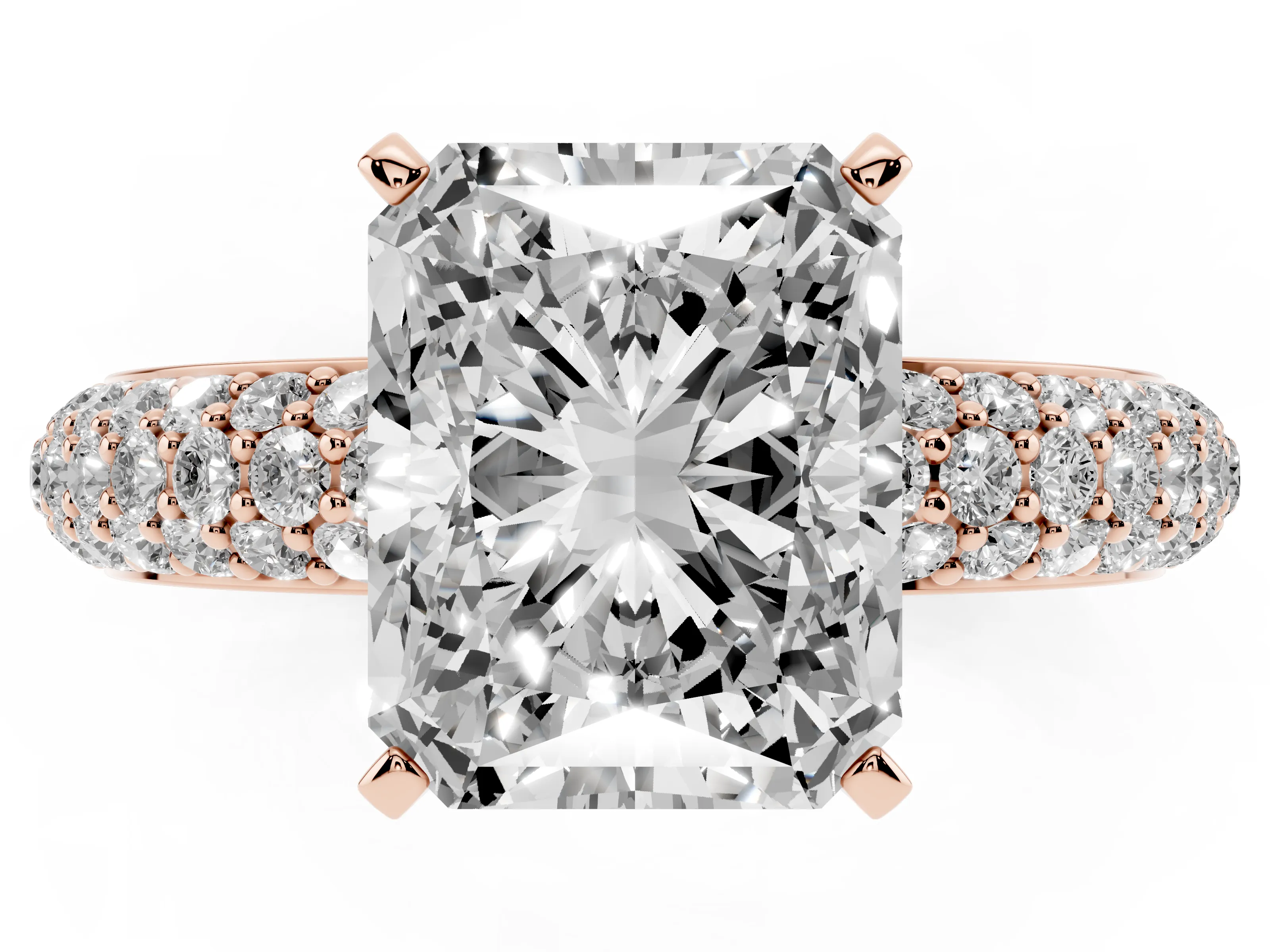Radiant Cut Diamond Solitaire Ring Set in Rose gold with Prong Setting and Pavé-Set Band