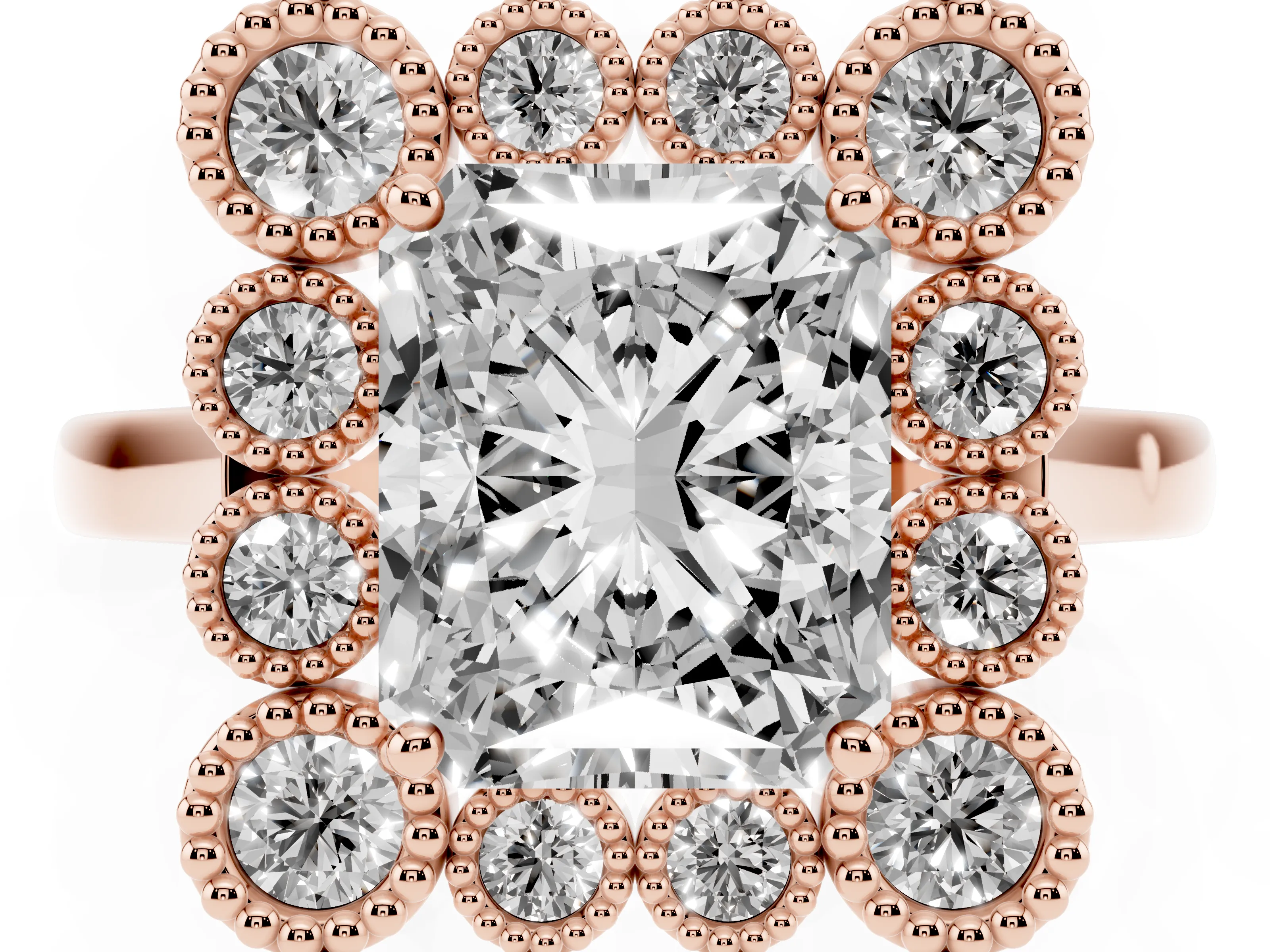 Radiant Cut Diamond Cluster Halo Ring Set in Rose gold with Milgrain Bezel Accents and Plain Band
