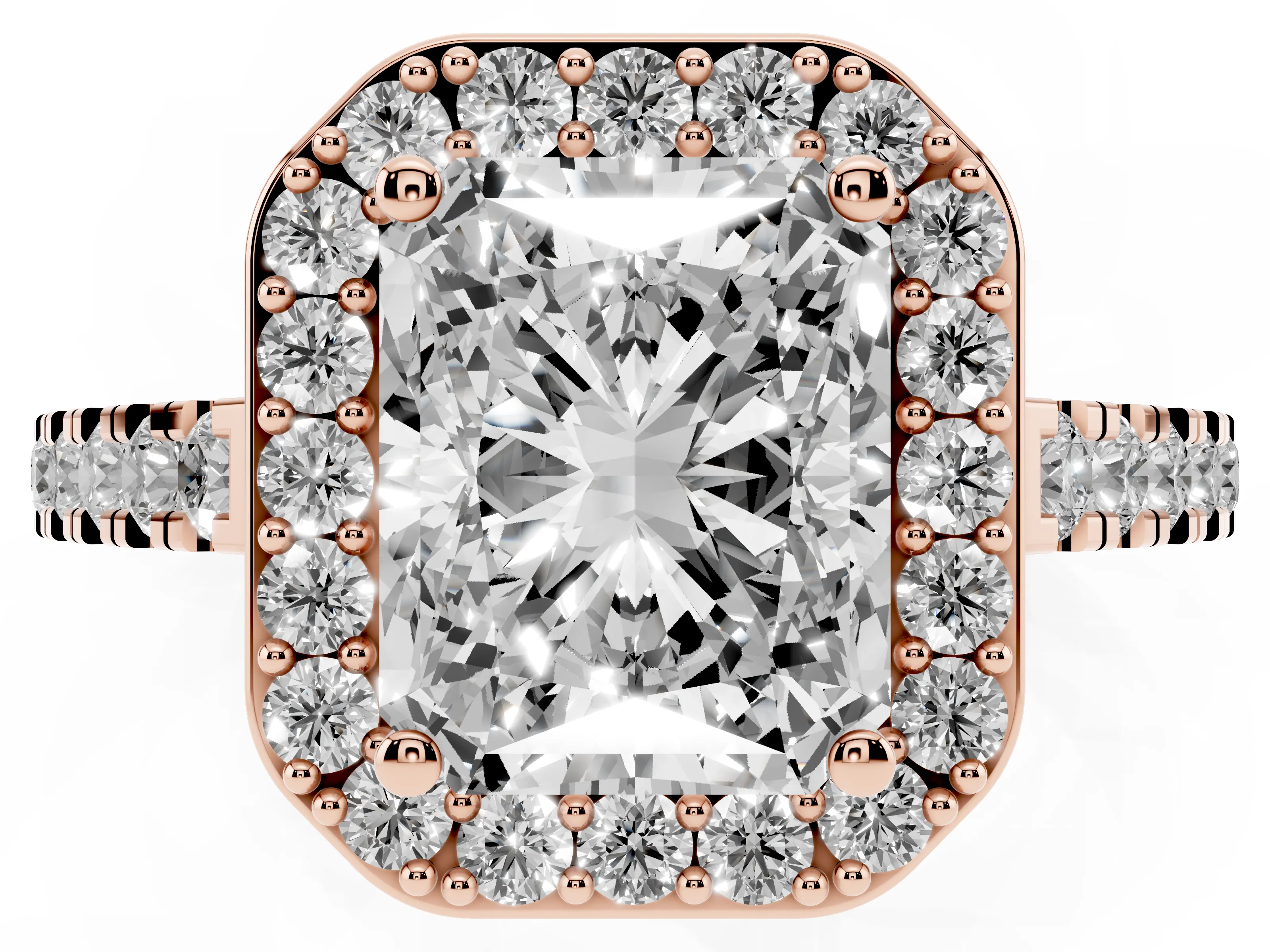 Radiant Cut Diamond Halo Ring Set in Rose gold with Round Pavé Split Shank and Prong Setting
