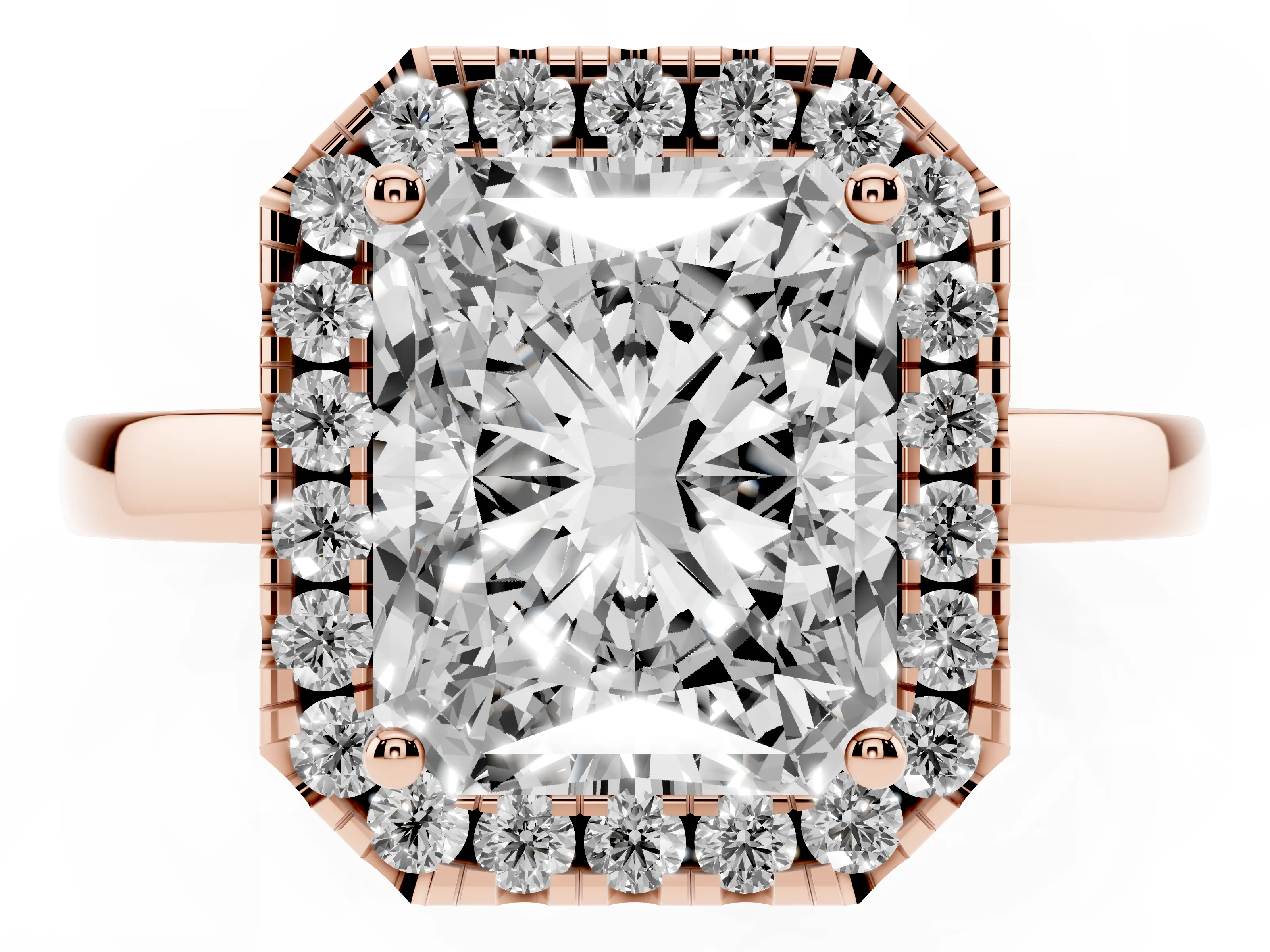 Radiant Cut Diamond Halo Solitaire Ring Set in Rose gold with Pavé Band and Prong Setting