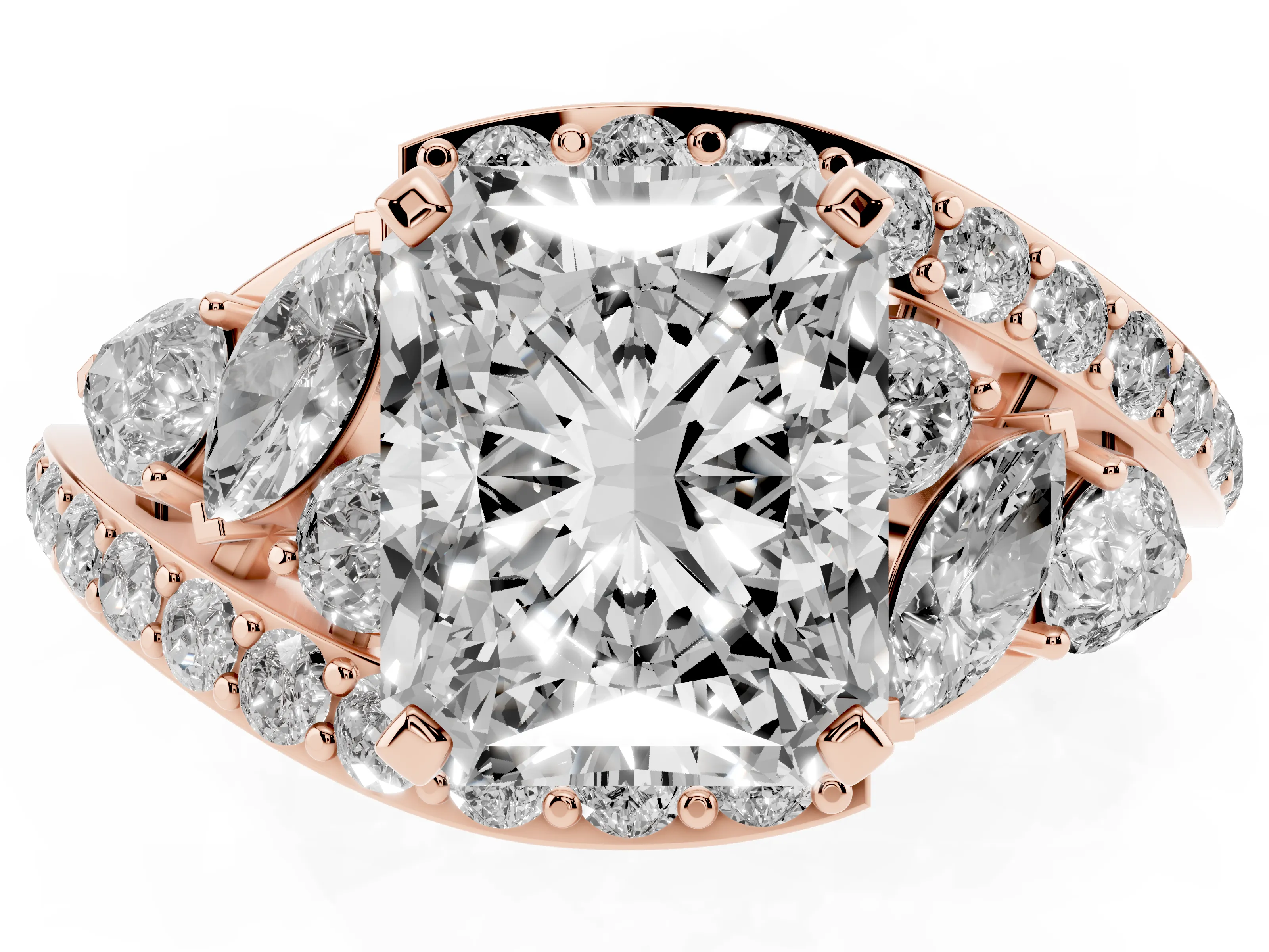 Radiant Cut Diamond Halo Ring Set in Rose gold with Marquise and Pavé Band in Prong Setting