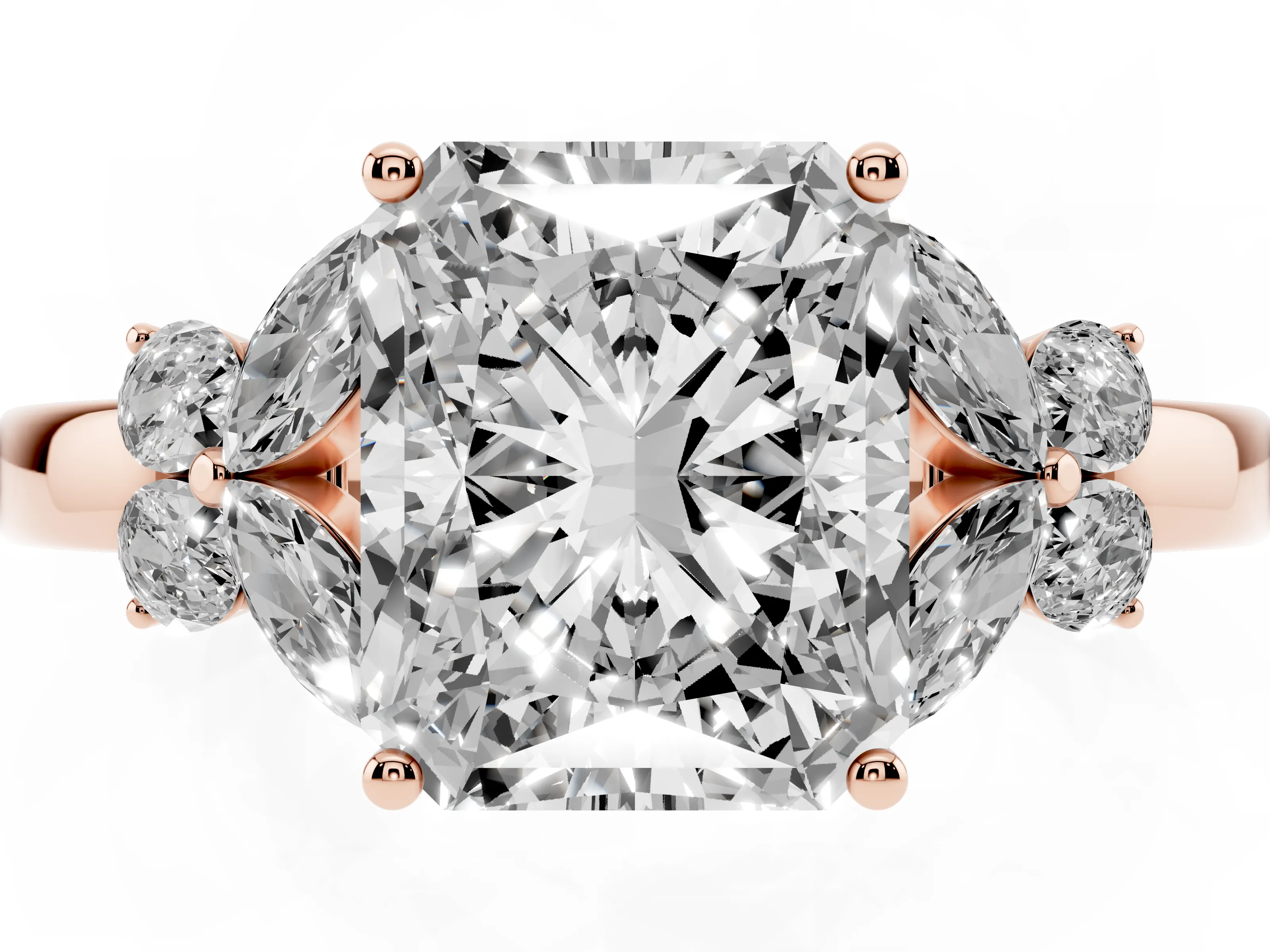 Radiant Cut Diamond Solitaire Floral Ring Set in Rose gold with Marquise Petals and Prong Setting