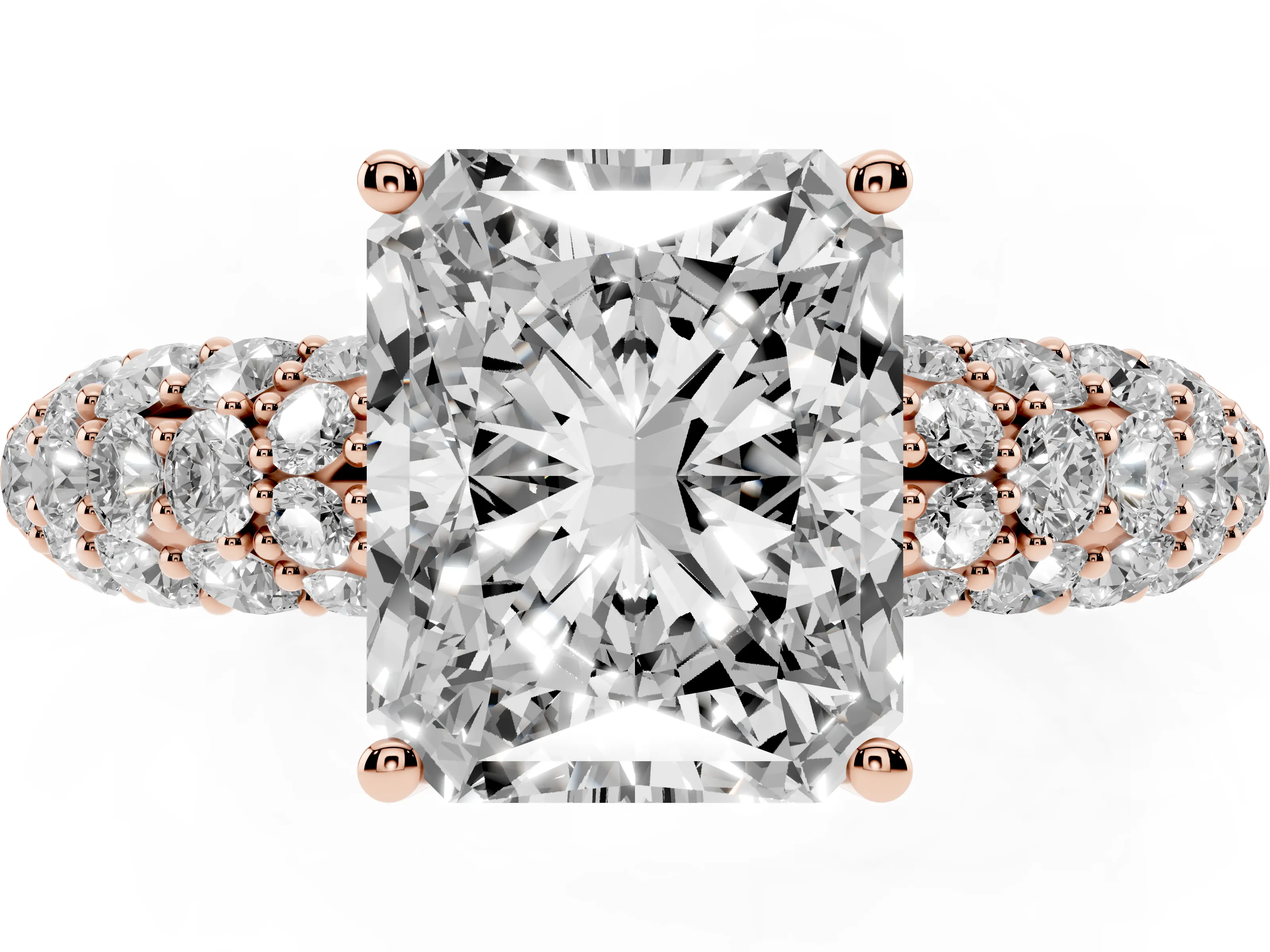 Radiant Cut Diamond Pavé Band Solitaire Ring Set in Rose gold with Close-Set Accent Stones and Prong Setting