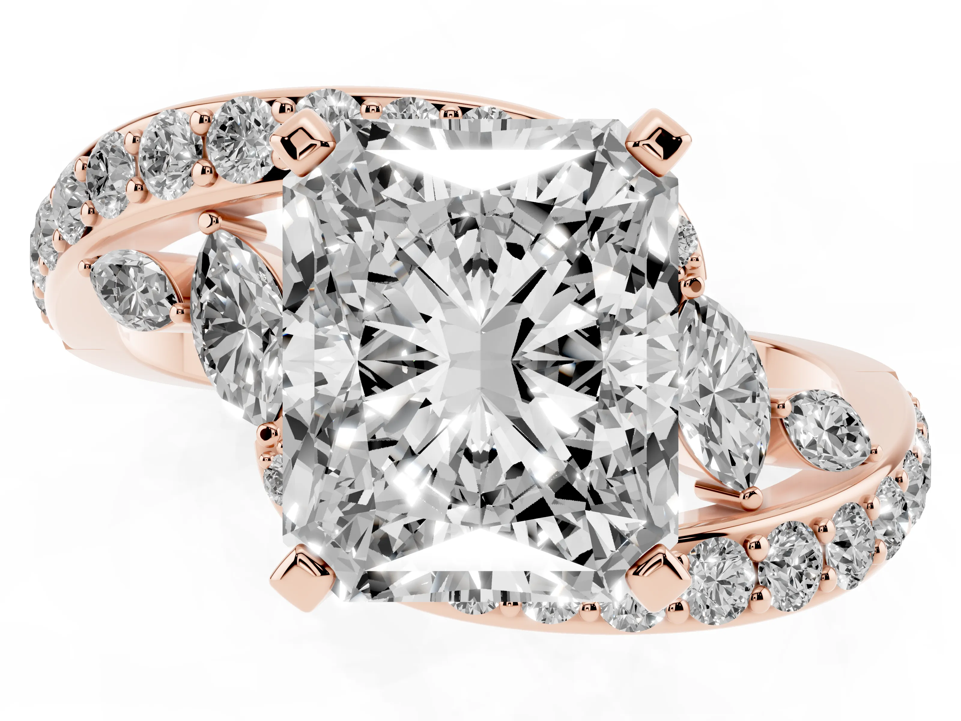 Radiant Cut Diamond Solitaire Ring Set in Rose gold with Pavé Twist Band and Secure Prong Setting