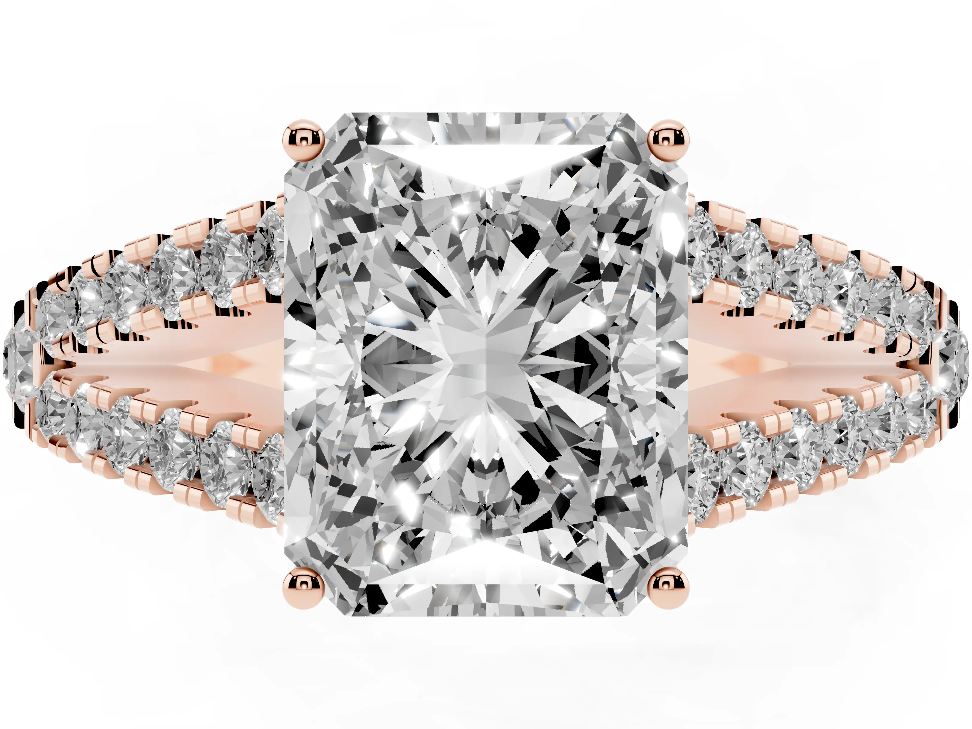 Radiant Cut Diamond Split Shank Pavé Engagement Ring Set in Rose gold with Prong-Held Center Stone