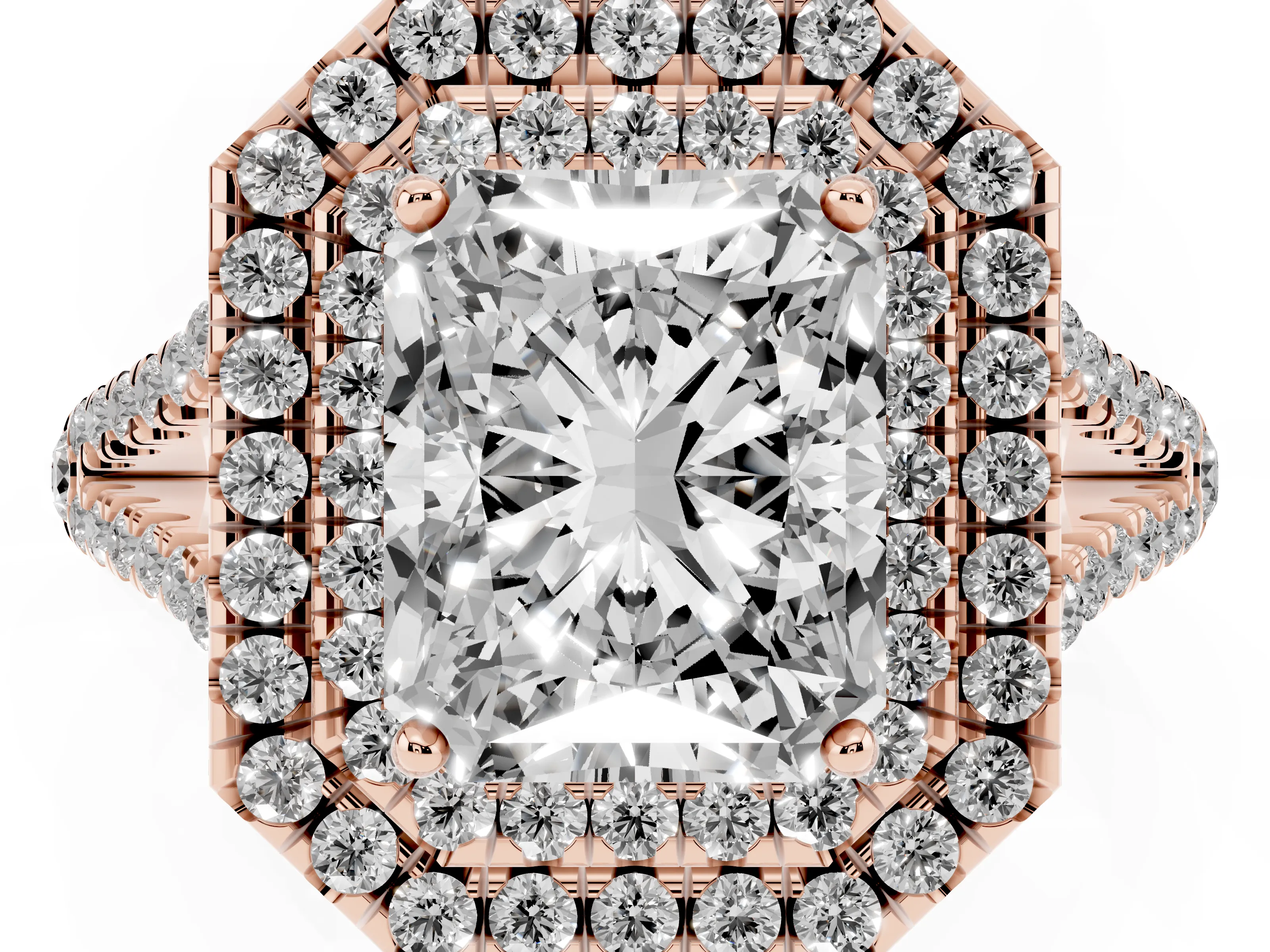 Radiant Cut Diamond Double Halo Ring Set in Rose gold with Pavé Band