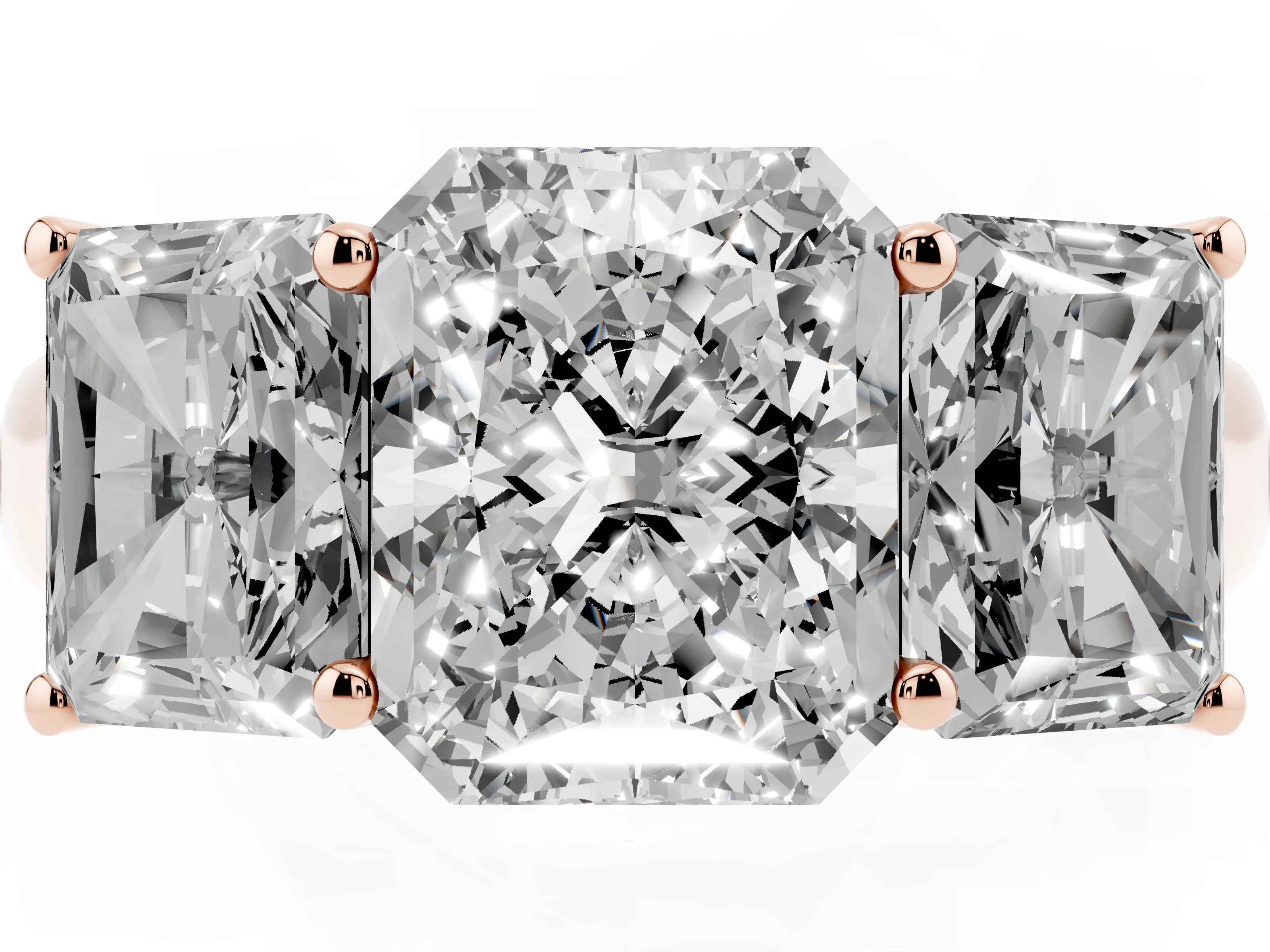 Radiant Cut Diamond Three-Stone Ring Set in Rose gold with Plain Polished Band