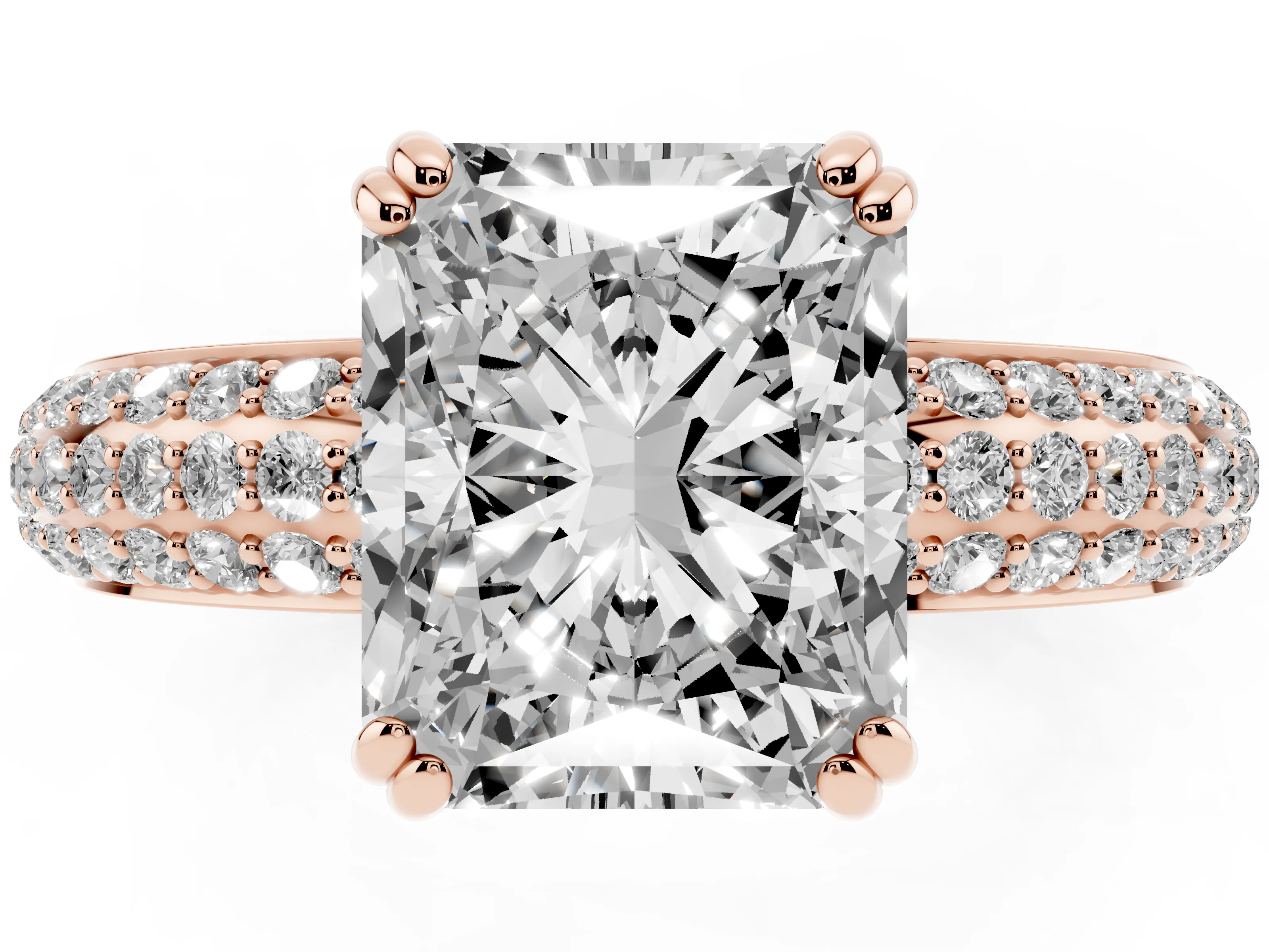 Radiant Cut Diamond Solitaire Ring Set in Rose gold with Multi-Row Round Pavé Band and Prong Setting