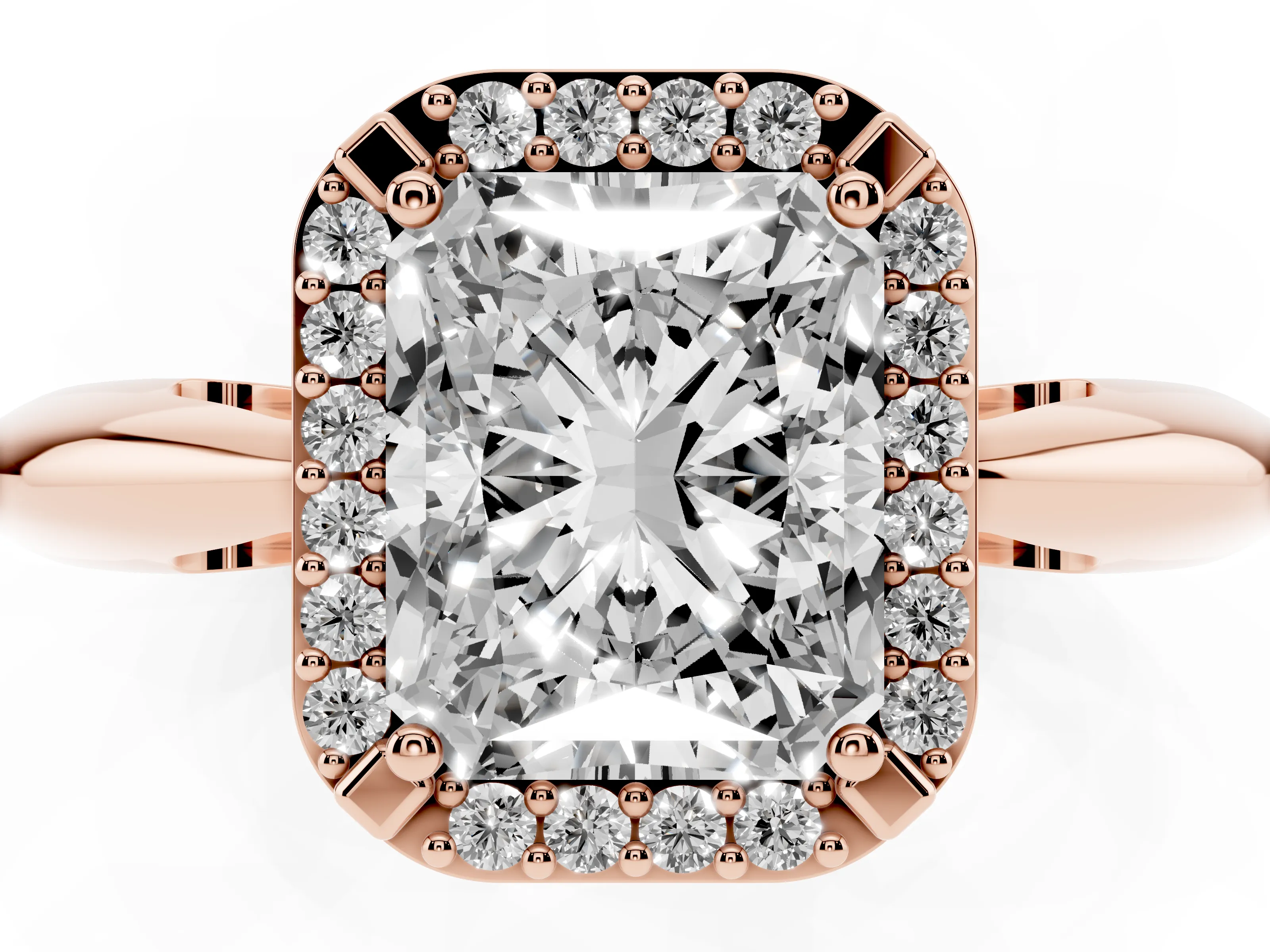 Radiant Cut Diamond Halo Engagement Ring Set in Rose gold with Plain Split Shank and Prong Setting