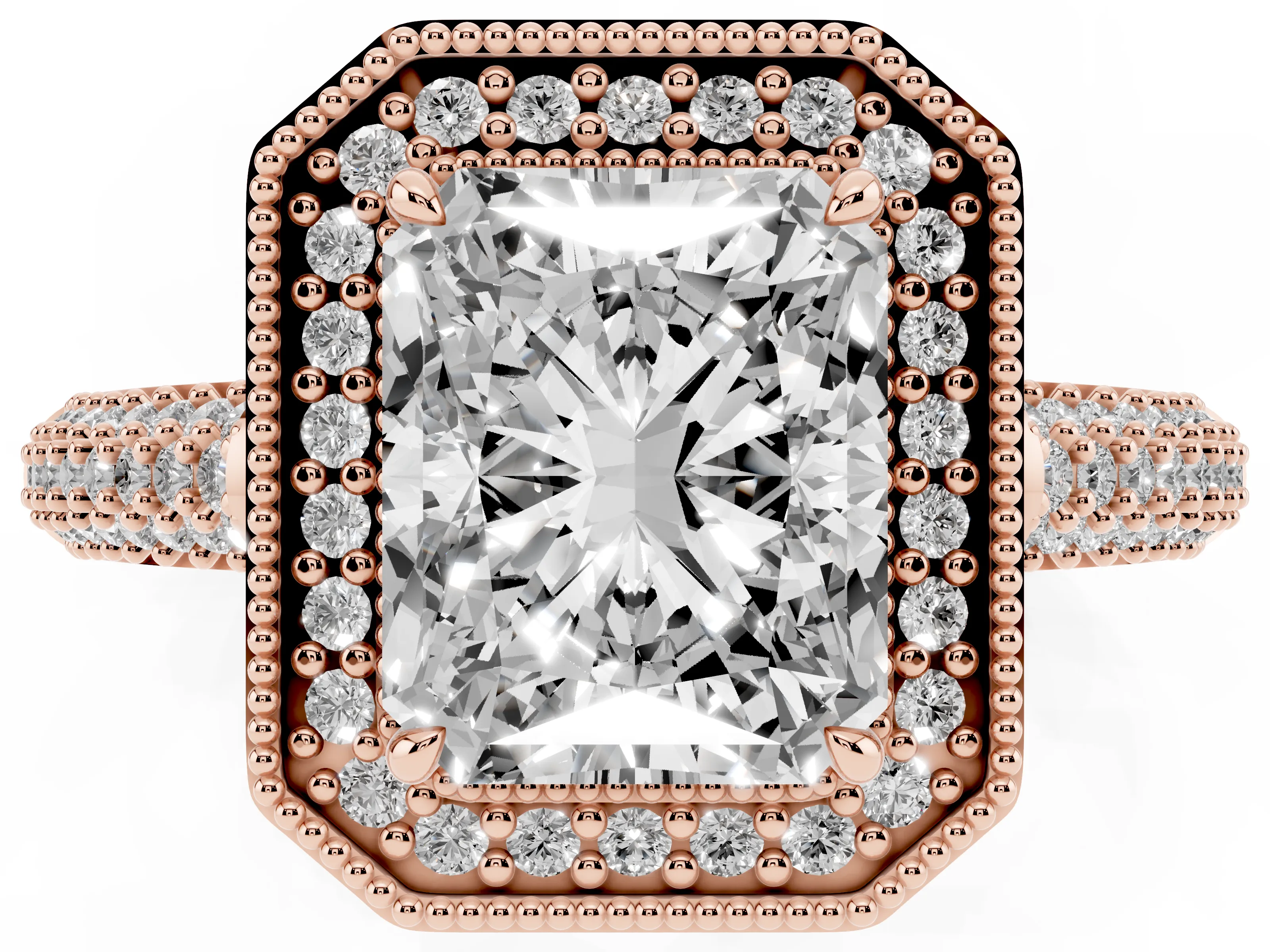 Radiant Cut Diamond Halo Pavé Band Set in Rose gold with Prong Setting