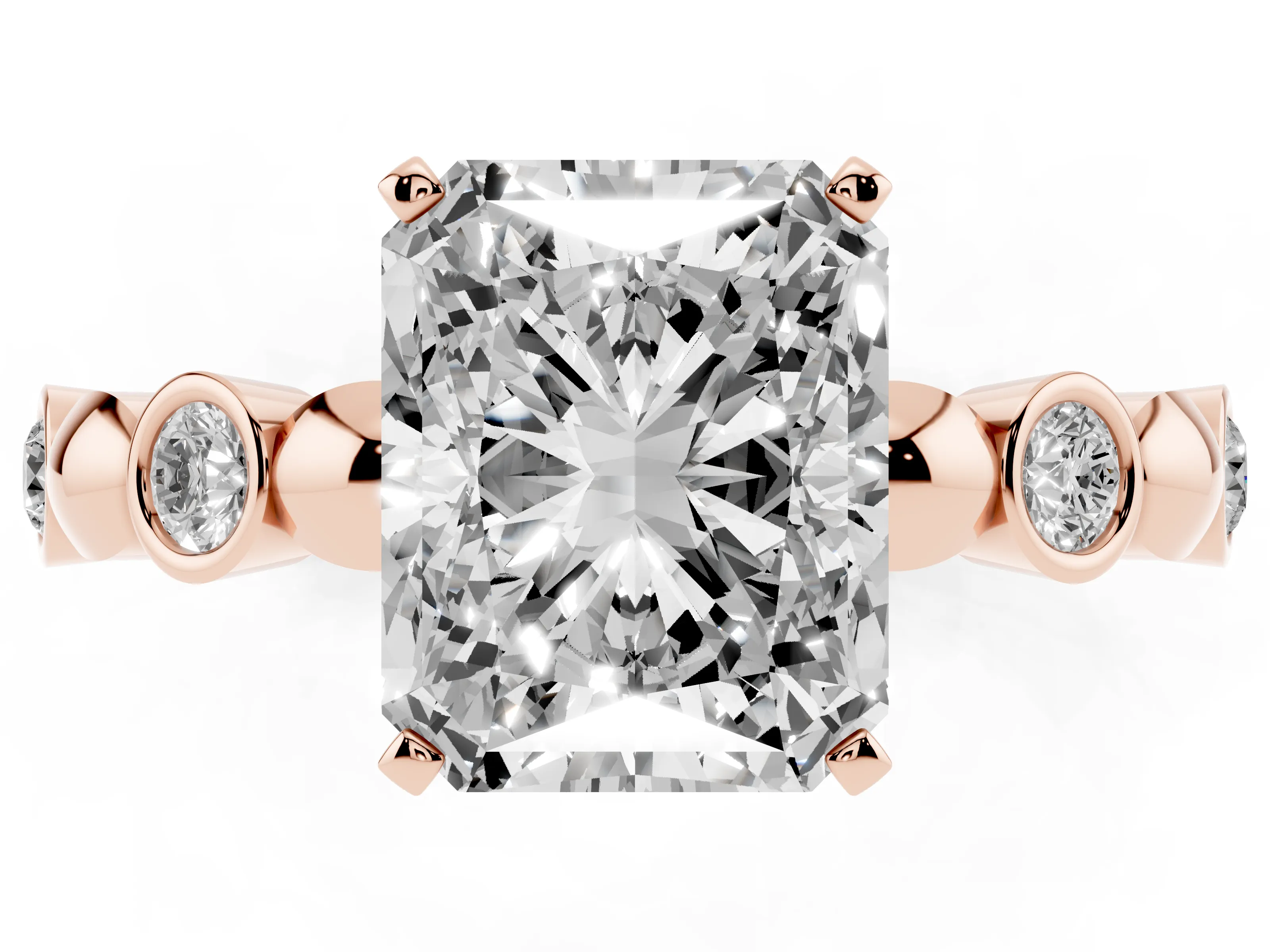 Radiant Cut Diamond Solitaire Ring Set in Rose gold with Bezel-Set Accents on Beaded Band and Prong Setting