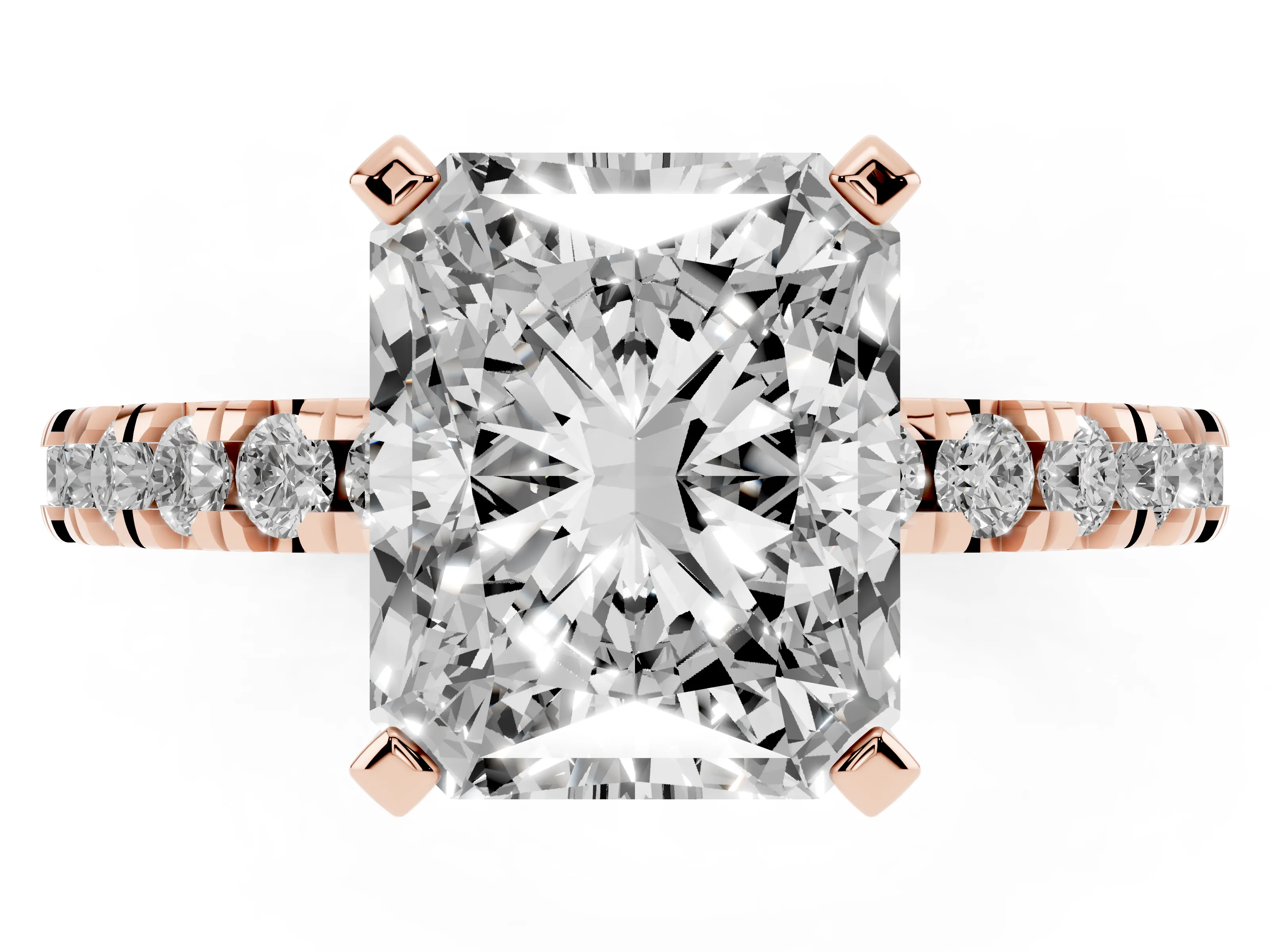 Radiant Cut Diamond Pavé Band Solitaire Set in Rose gold with Prong Setting