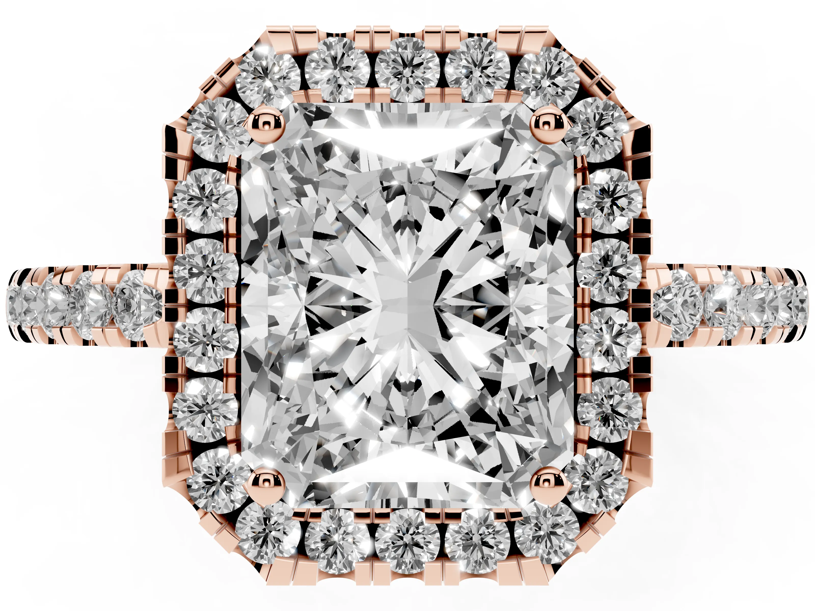 Radiant Cut Diamond Pavé Band Halo Engagement Ring Set in Rose gold with Prong Setting