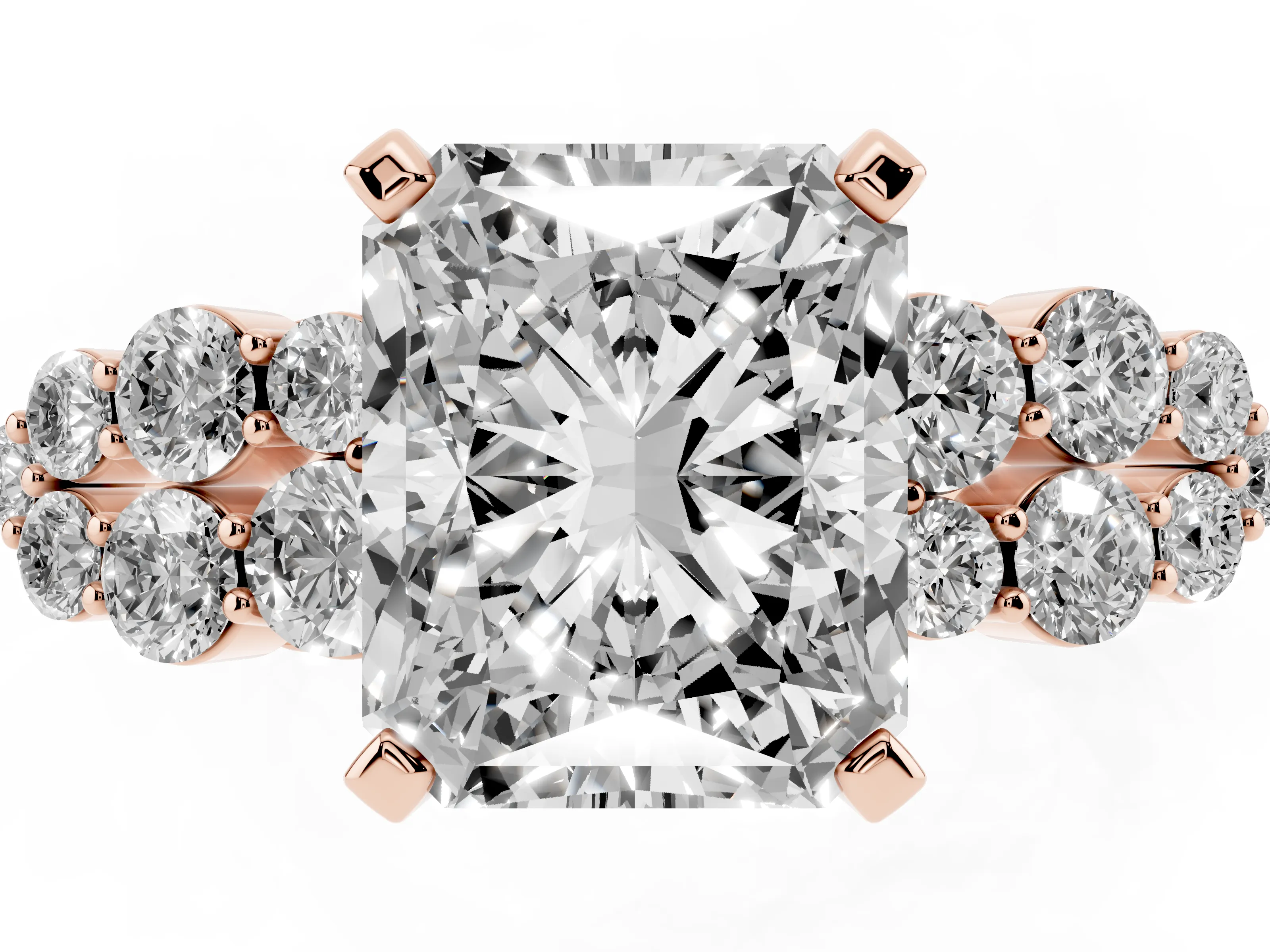 Radiant Cut Diamond Cluster Engagement Ring Set in Rose gold with Pavé Band and Prong Setting