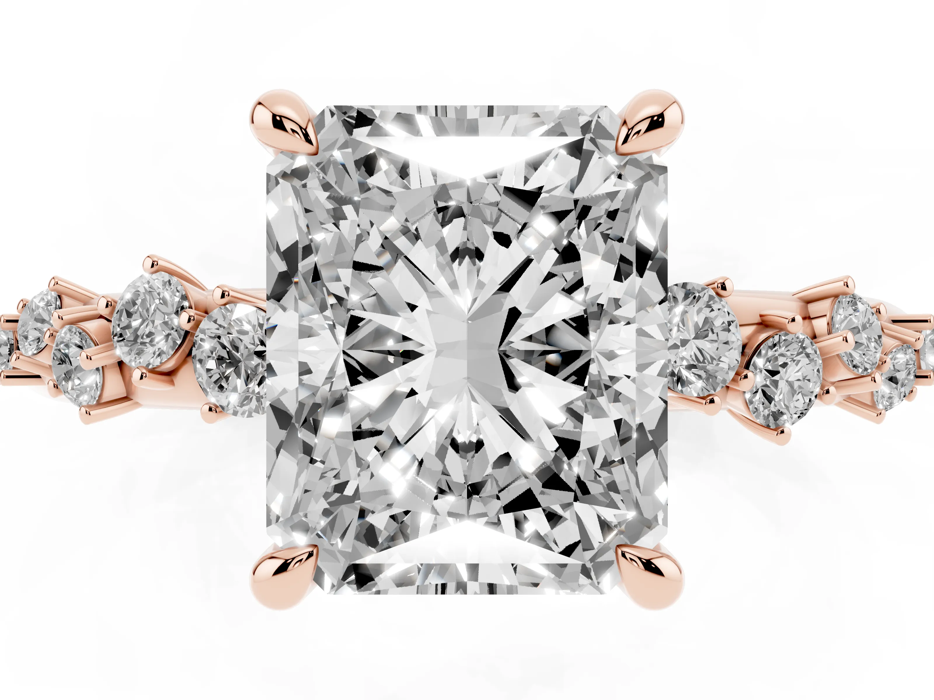 Radiant Cut Diamond Solitaire Vine Band Ring Set in Rose gold with Round Accents and Prong Setting