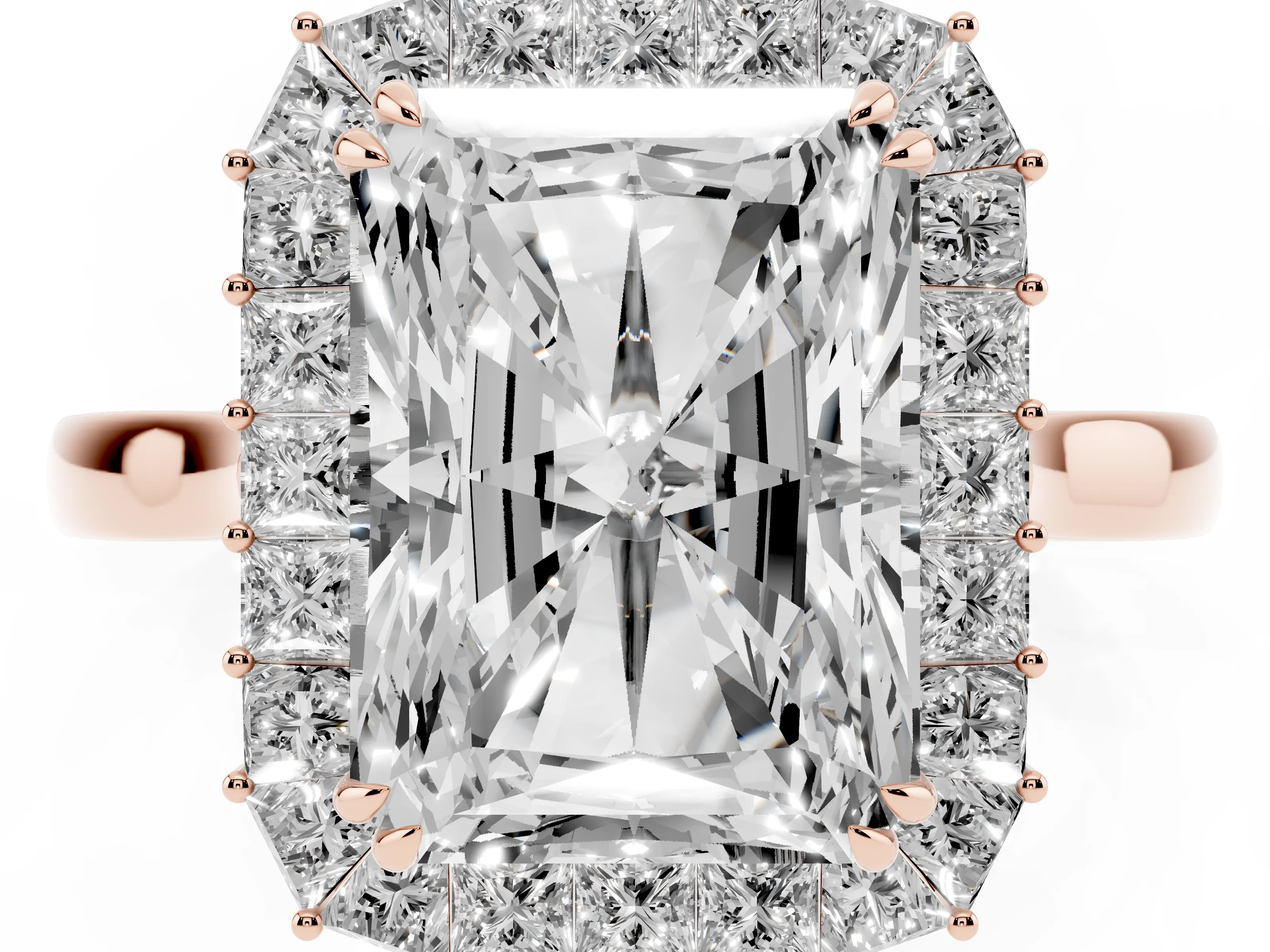 Radiant Diamond Baguette Halo Ring Set in Rose gold with Round Accents and Slim Band
