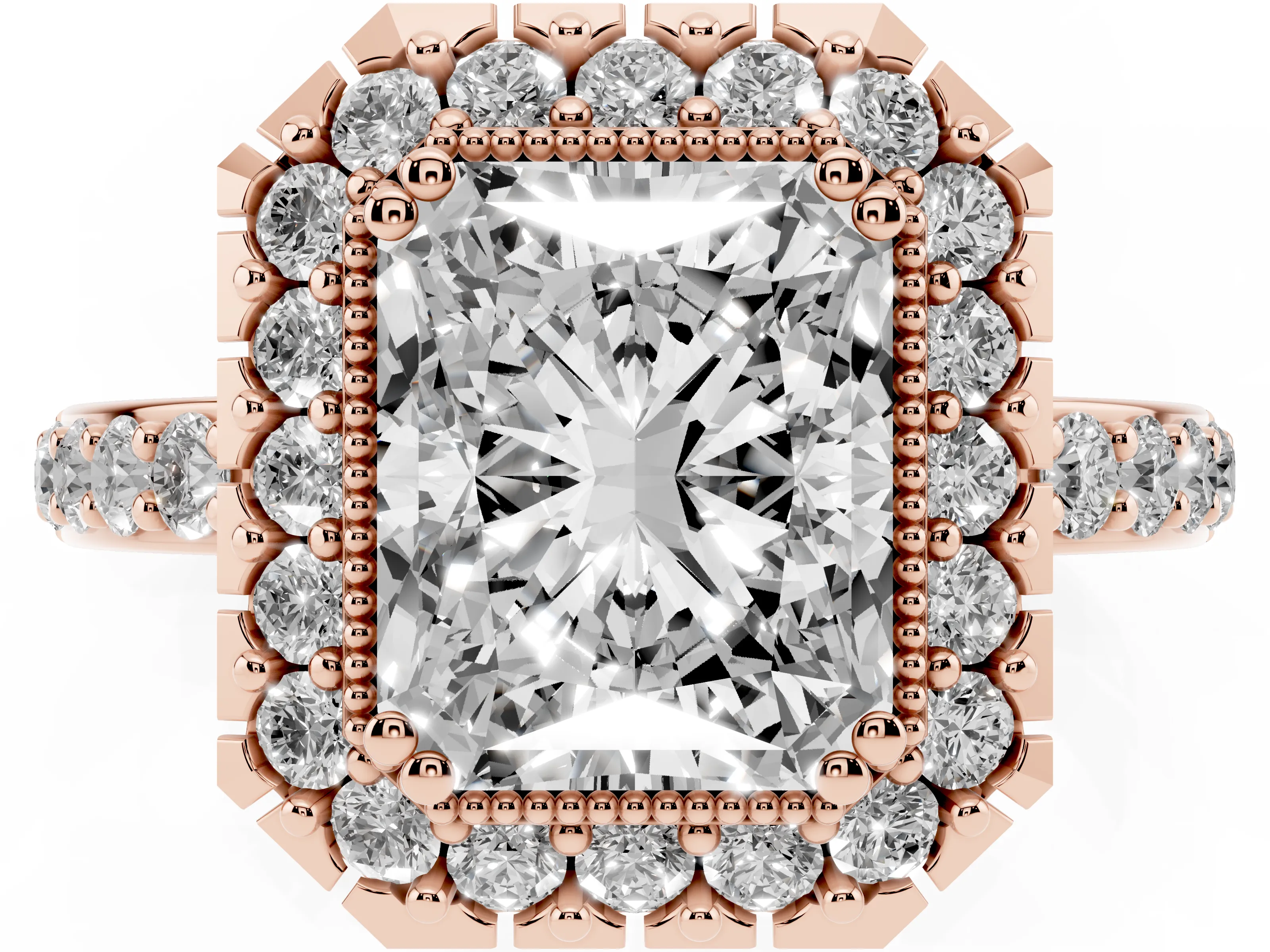 Radiant Cut Diamond Halo Ring Set in Rose gold with Pavé Shank and Prong Setting