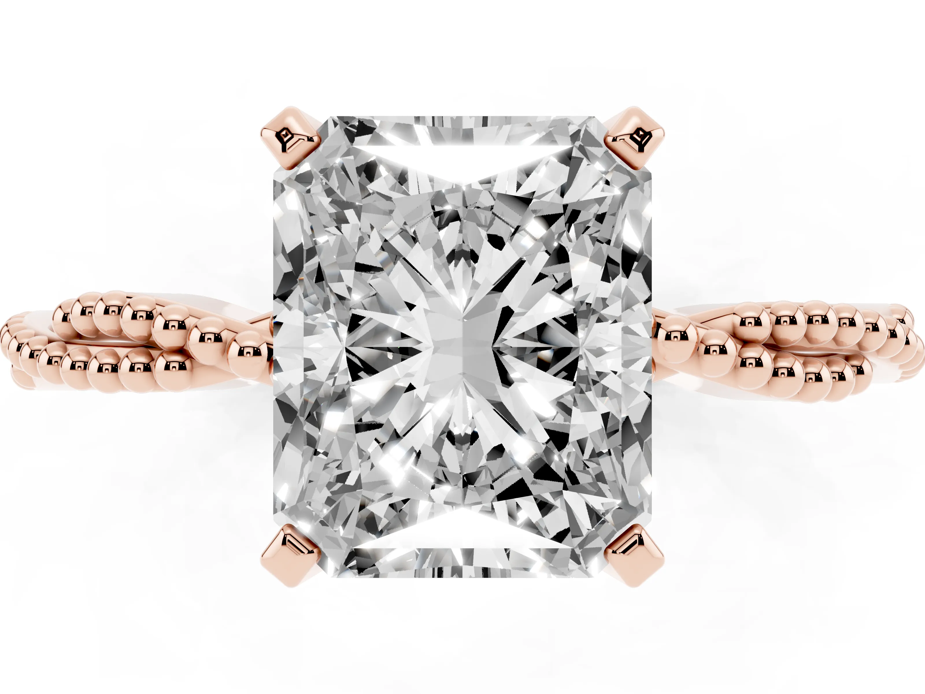 Radiant Cut Diamond Solitaire Ring Set in Rose gold with Twisted Band and Bead Prong Setting