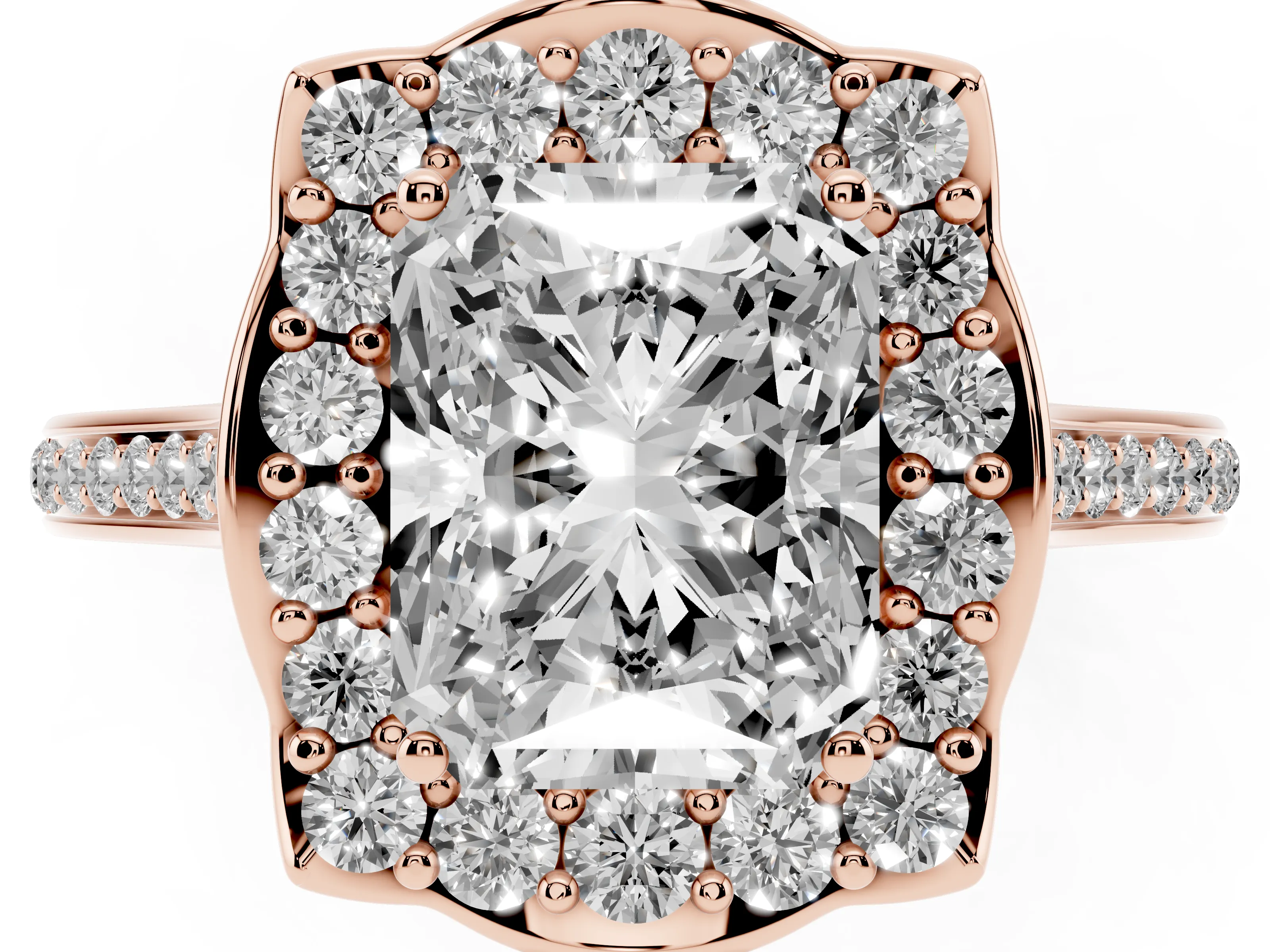 Radiant Cut Diamond Halo Ring Set in Rose gold with Pavé-Lined Shoulders and Prong Setting