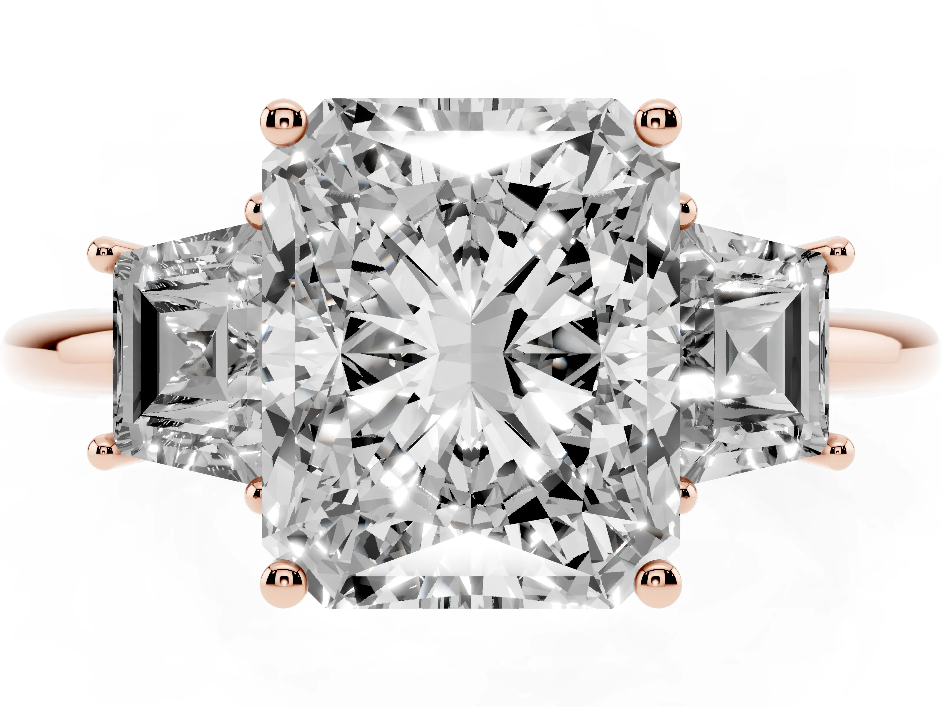 Radiant Cut Diamond Three-Stone Ring Set in Rose gold with Trapezoid Side Stones and Prong Setting