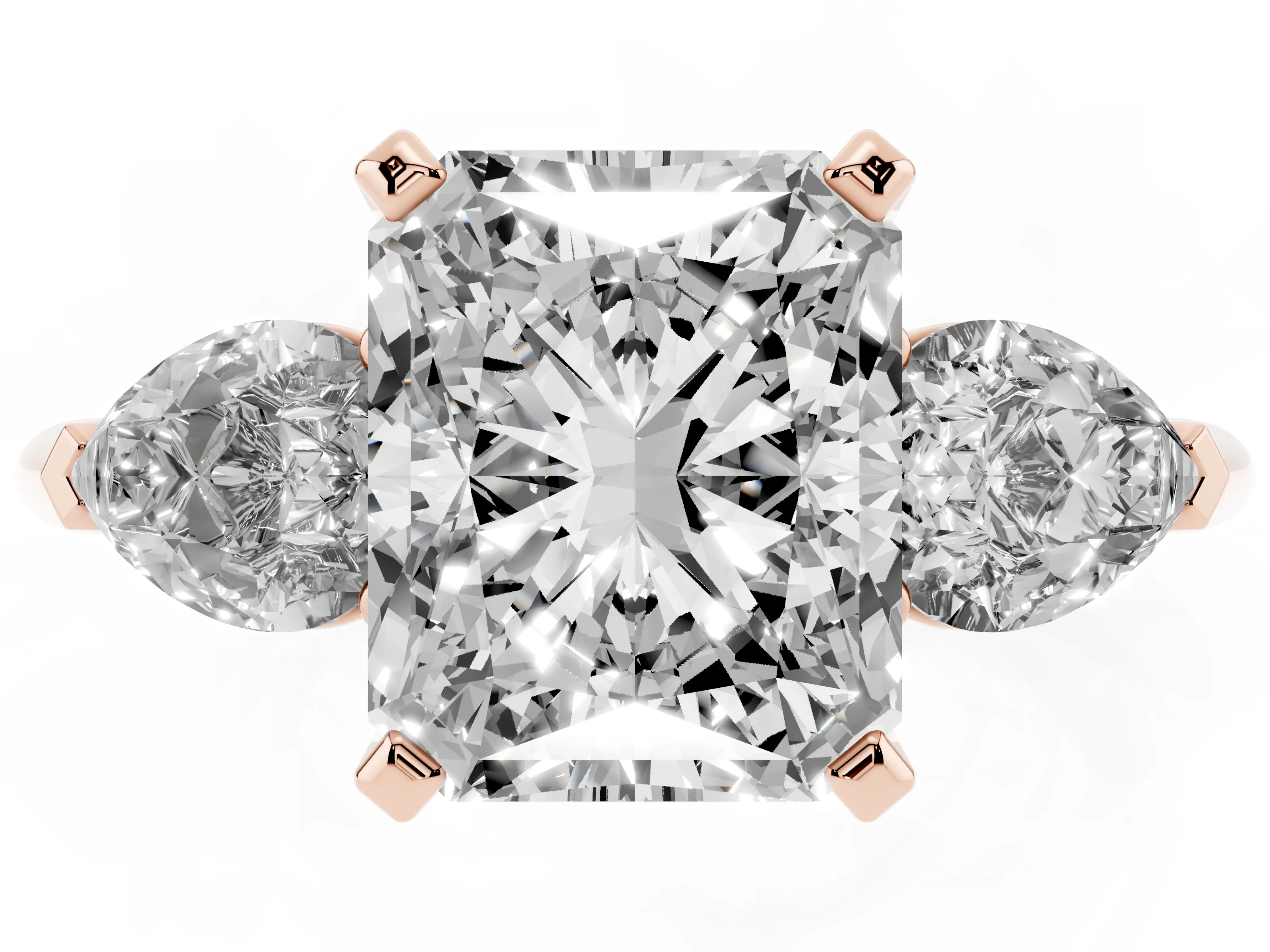 Three-Stone Radiant Cut Diamond Ring Set in Rose gold with Pear Side Stones and Prong Setting