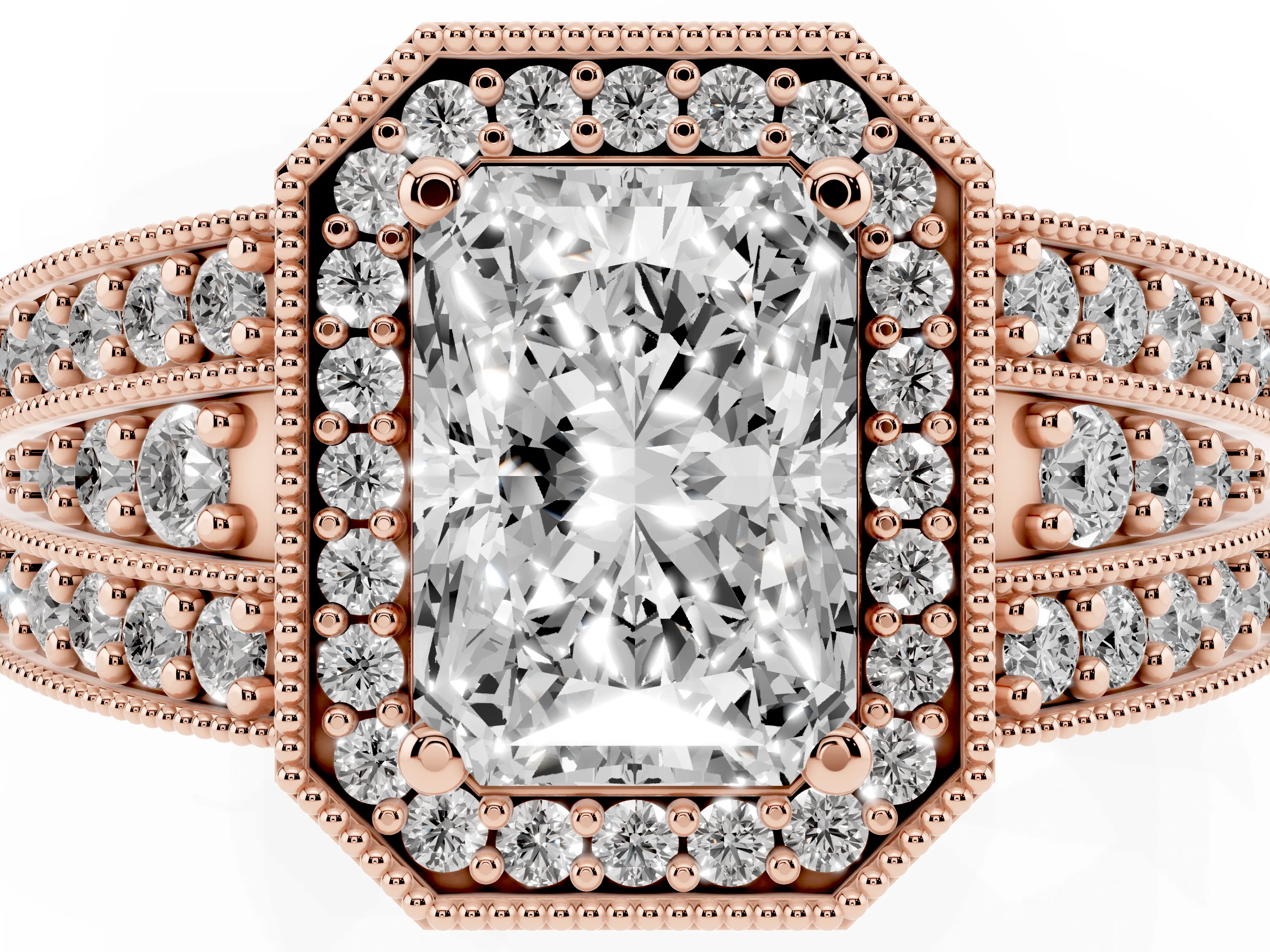 Radiant Cut Diamond Halo Ring Set in Rose gold with Accent Split Shank and Prong Setting