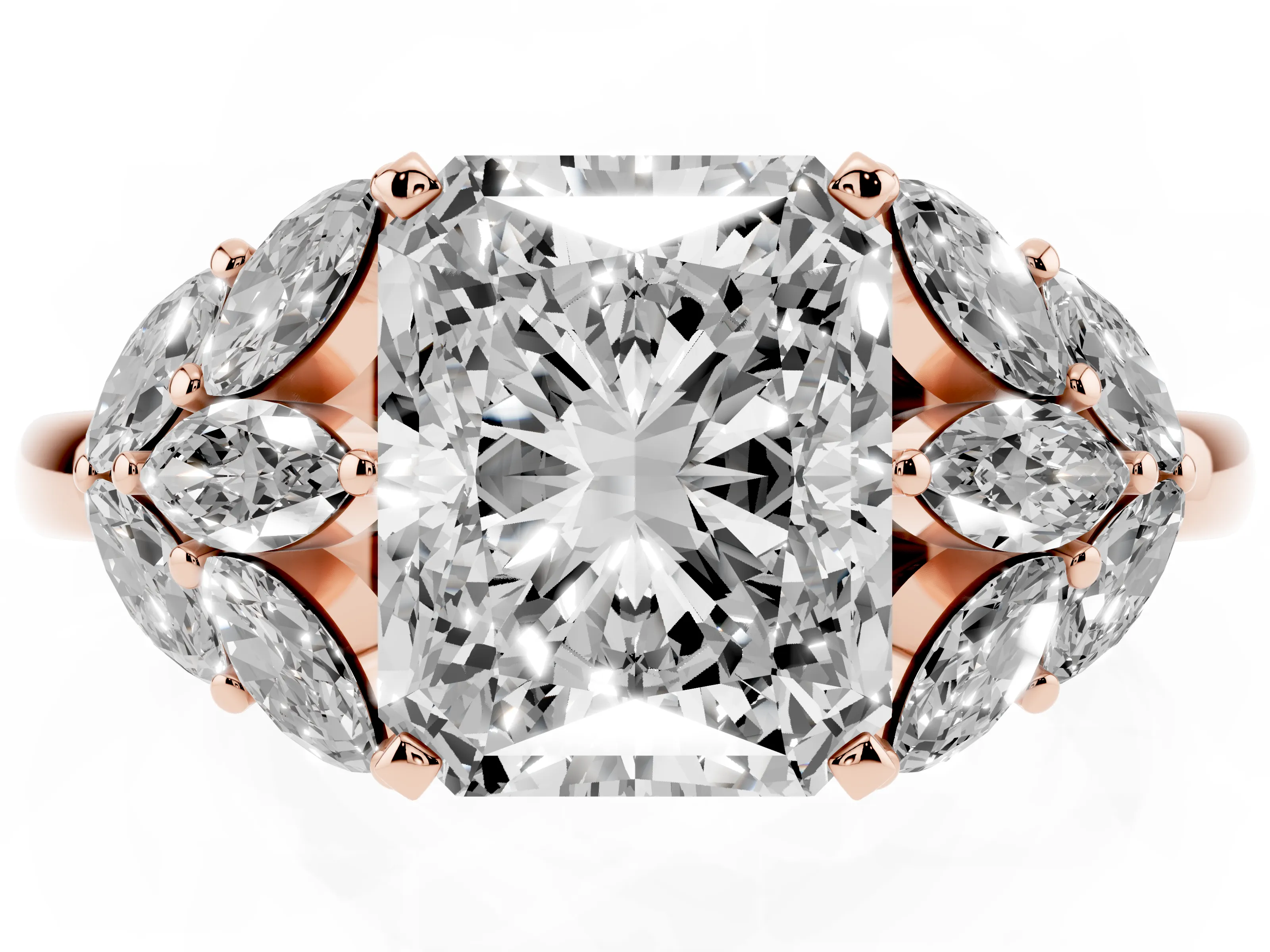 Radiant Cut Diamond Cluster Leaf Design Ring Set in Rose gold with Prong Setting