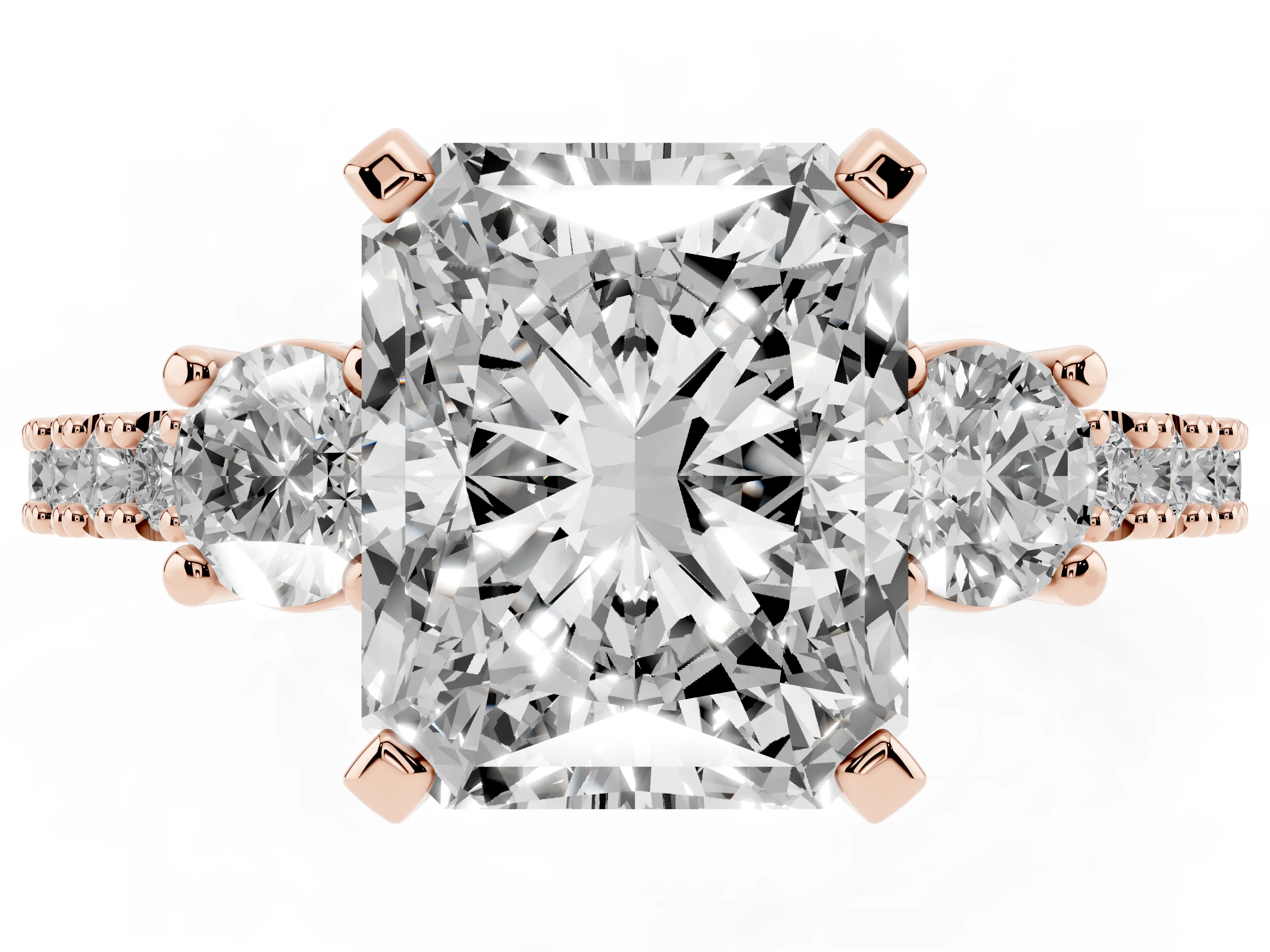 Three-Stone Radiant Cut Diamond Pavé Band Ring Set in Rose gold with Prong Setting