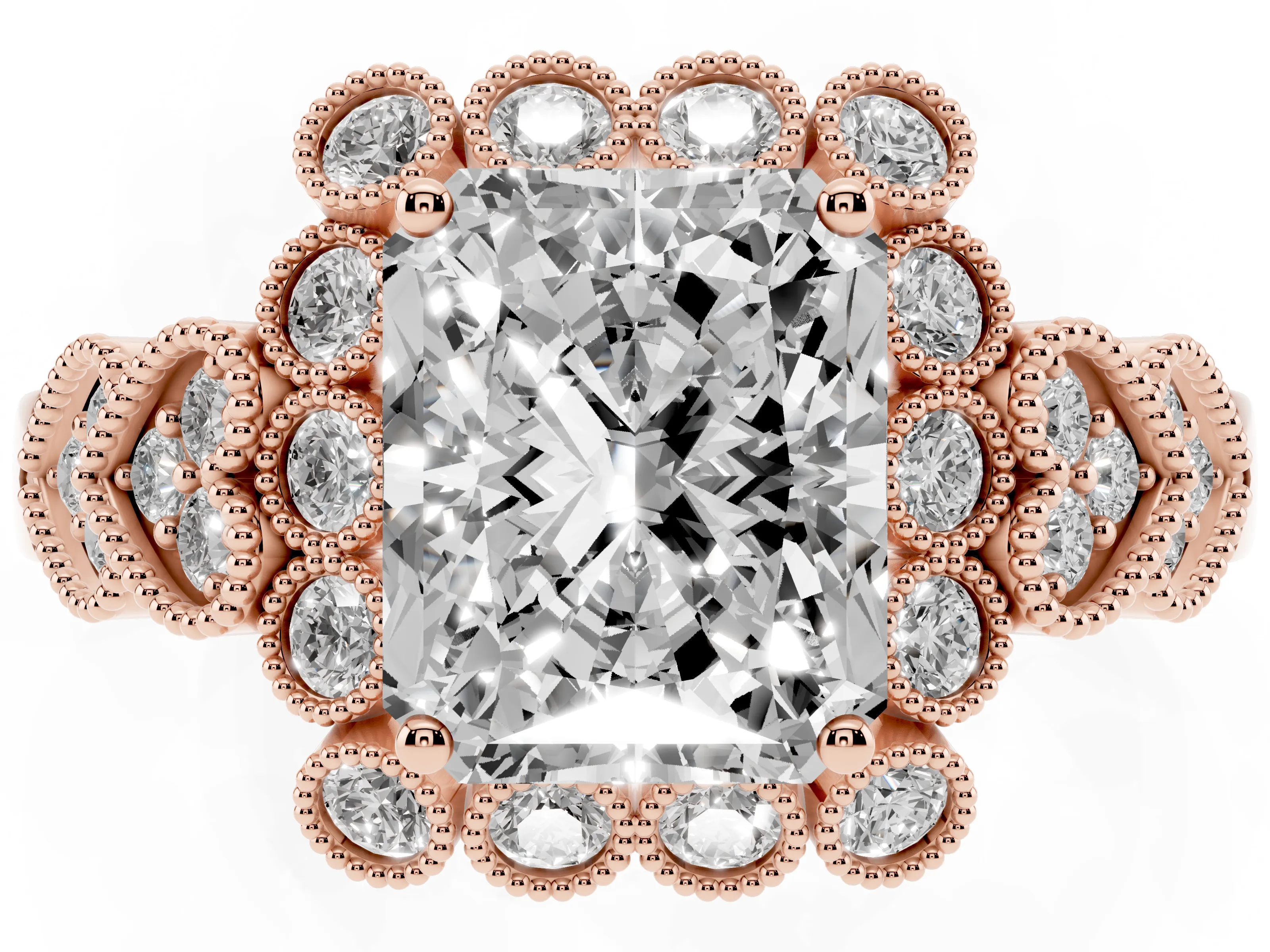 Radiant Cut Diamond Solitaire Ring Set in Rose gold with Milgrain Pavé Heart Band
