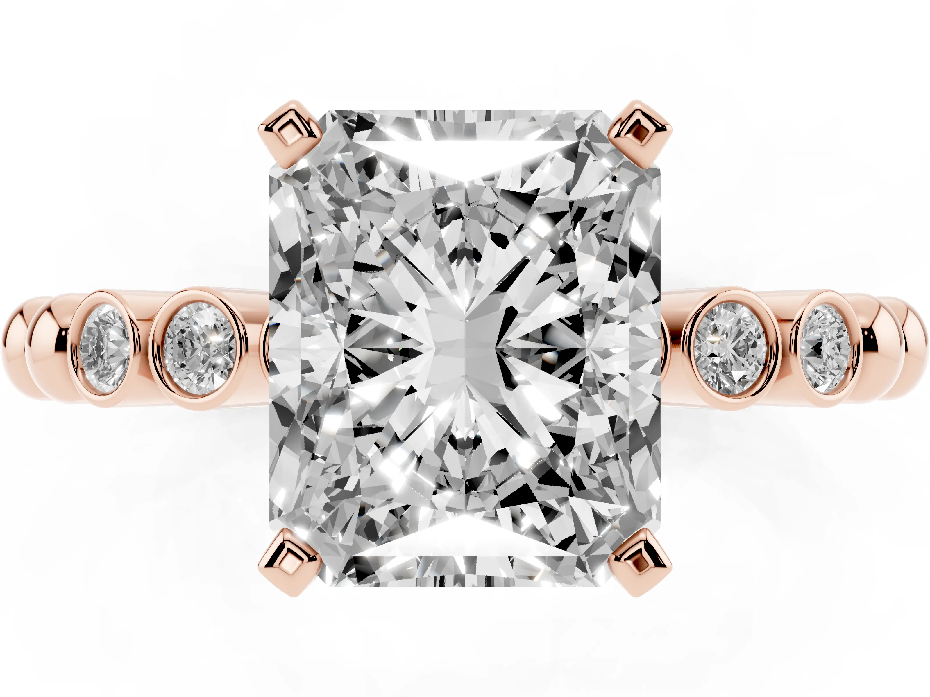 Radiant Cut Diamond Solitaire Engagement Ring Set in Rose gold with Bezel Accents on Beaded Band