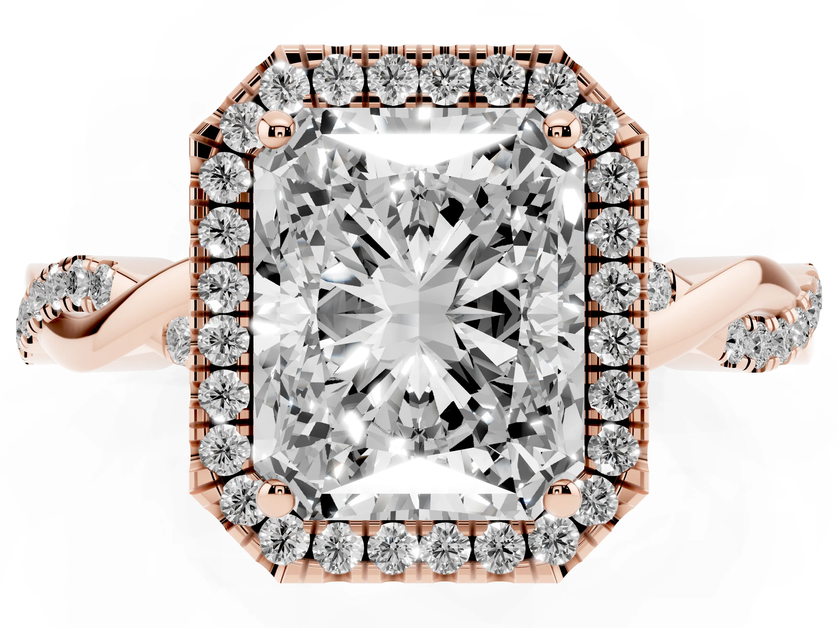 Radiant Cut Diamond Halo Twisted Band Ring Set in Rose gold with Prong Setting