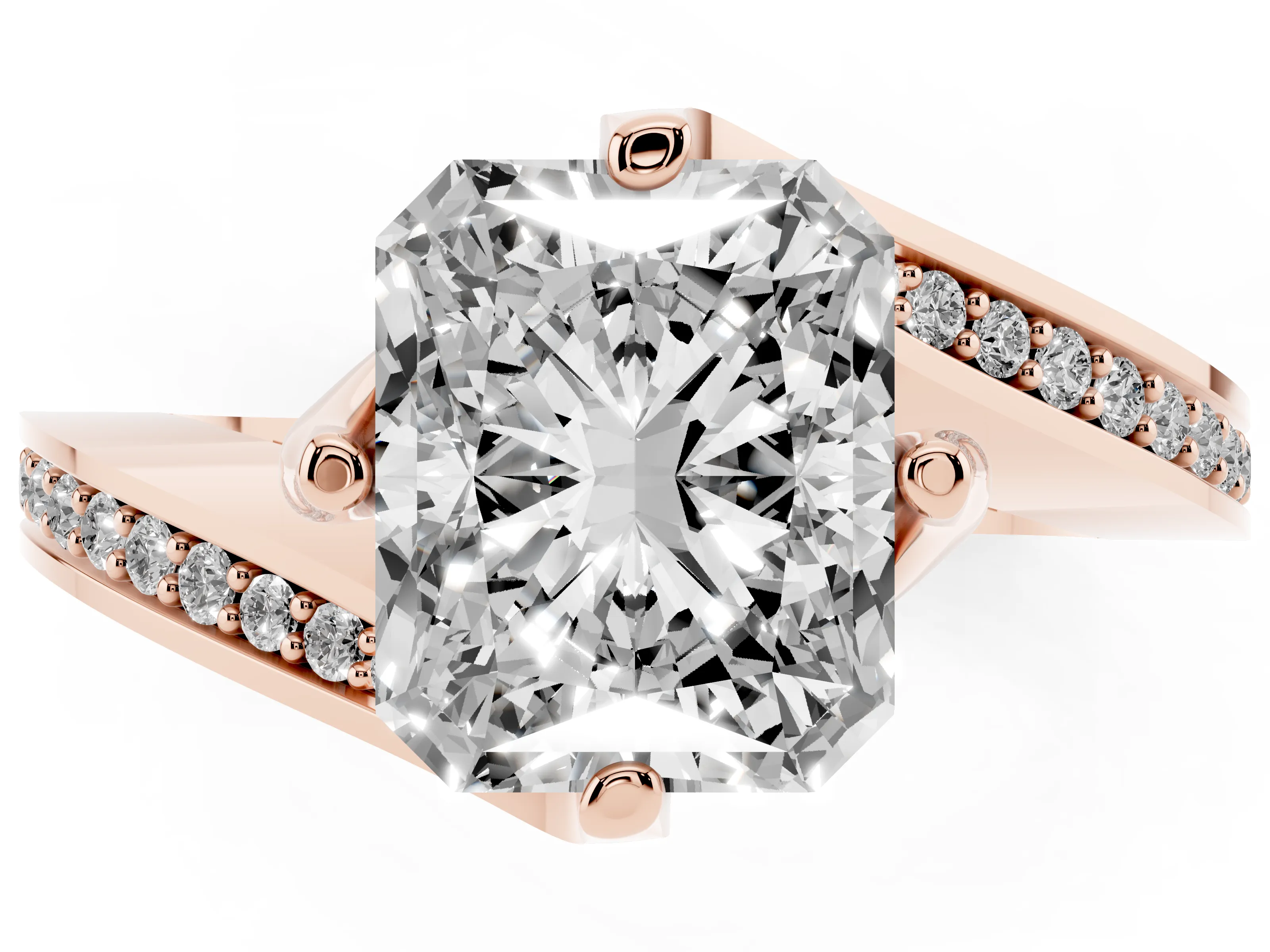 Radiant Cut Diamond Solitaire Ring Set in Rose gold with Intertwined Pavé Twist Band