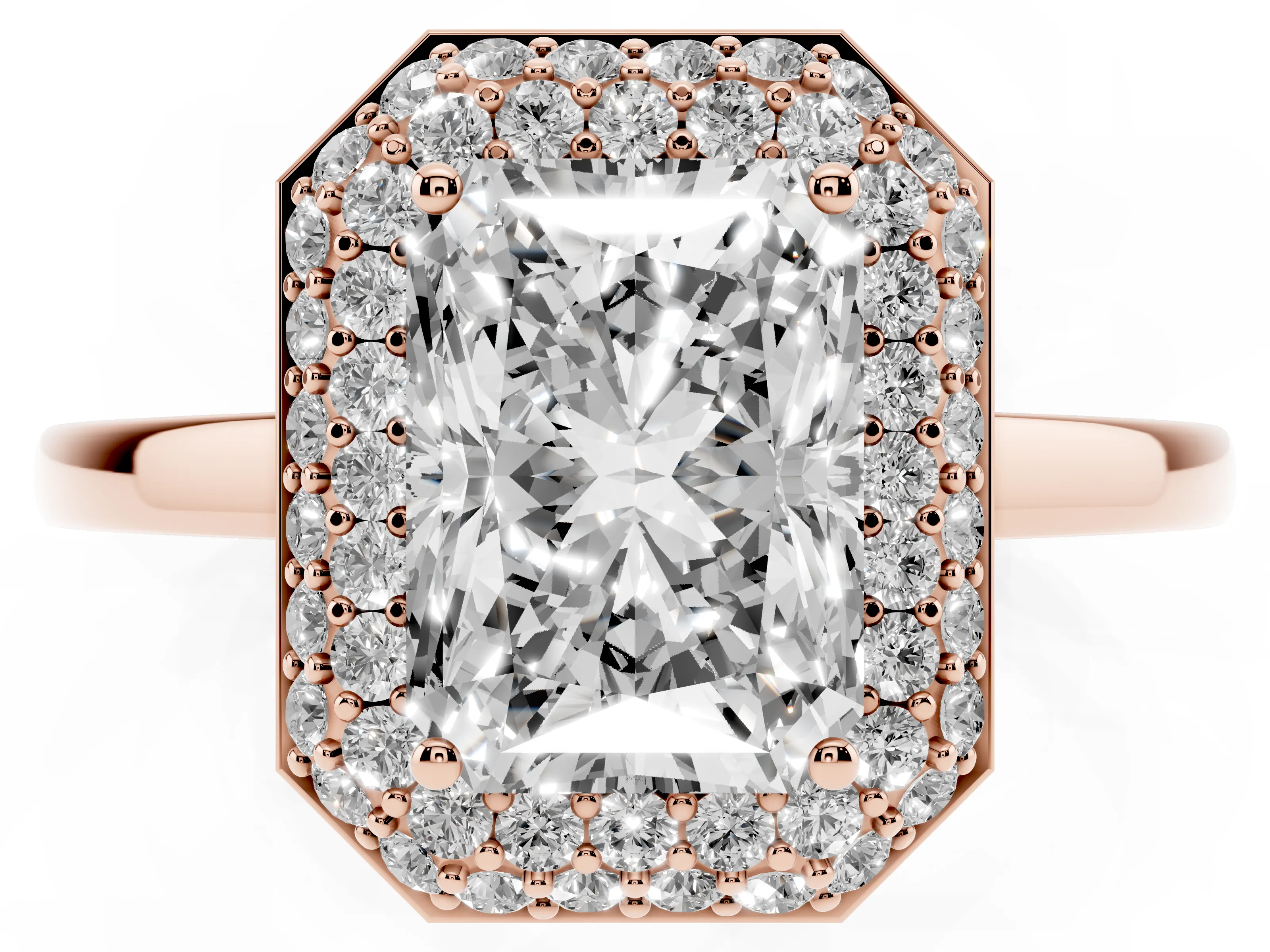 Radiant Cut Diamond Halo Engagement Ring Set in Rose gold with Solitaire Band and Prong Setting