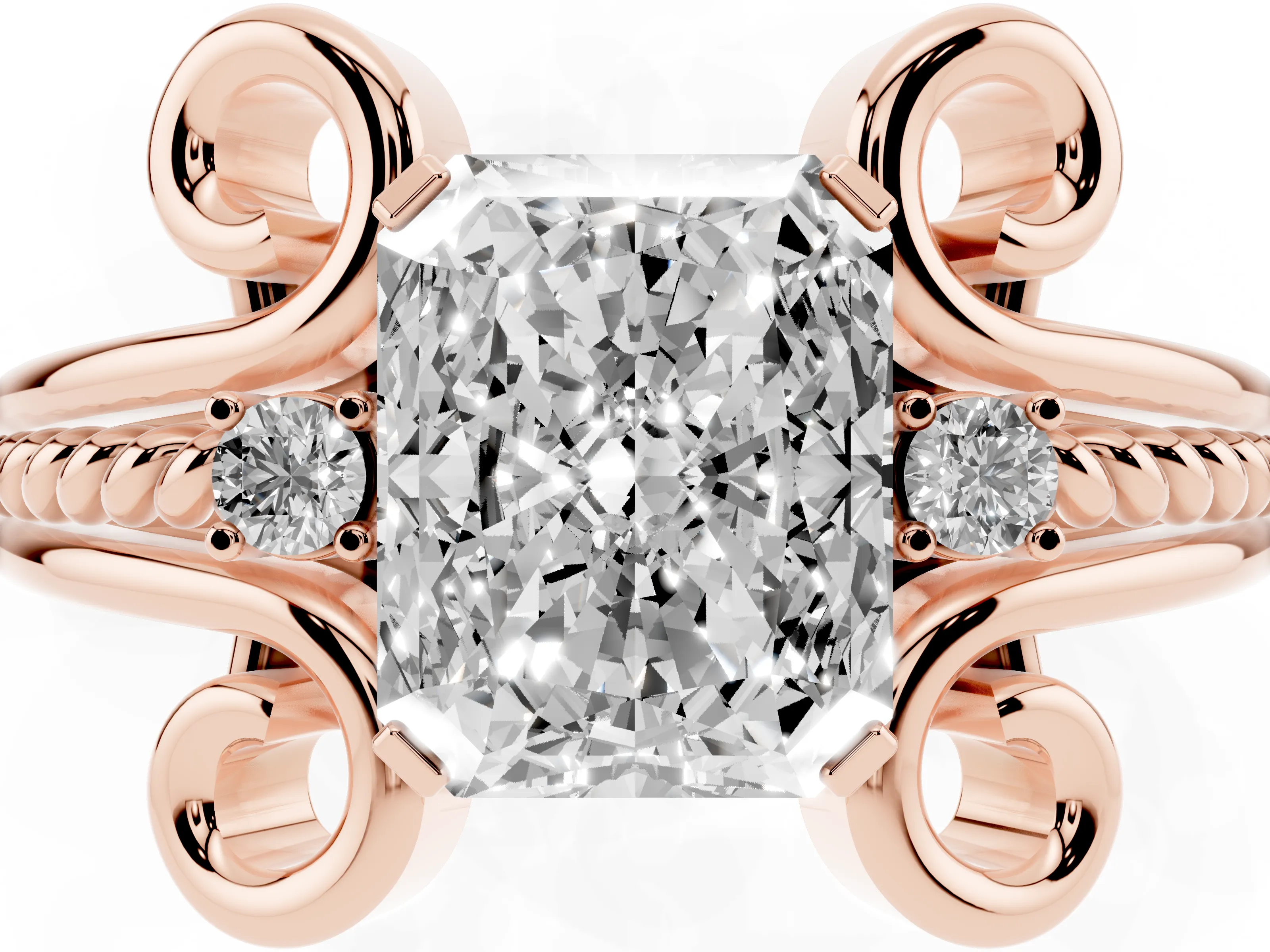 Radiant Cut Diamond Twisted Band Solitaire Ring Set in Rose gold with Scroll Prongs