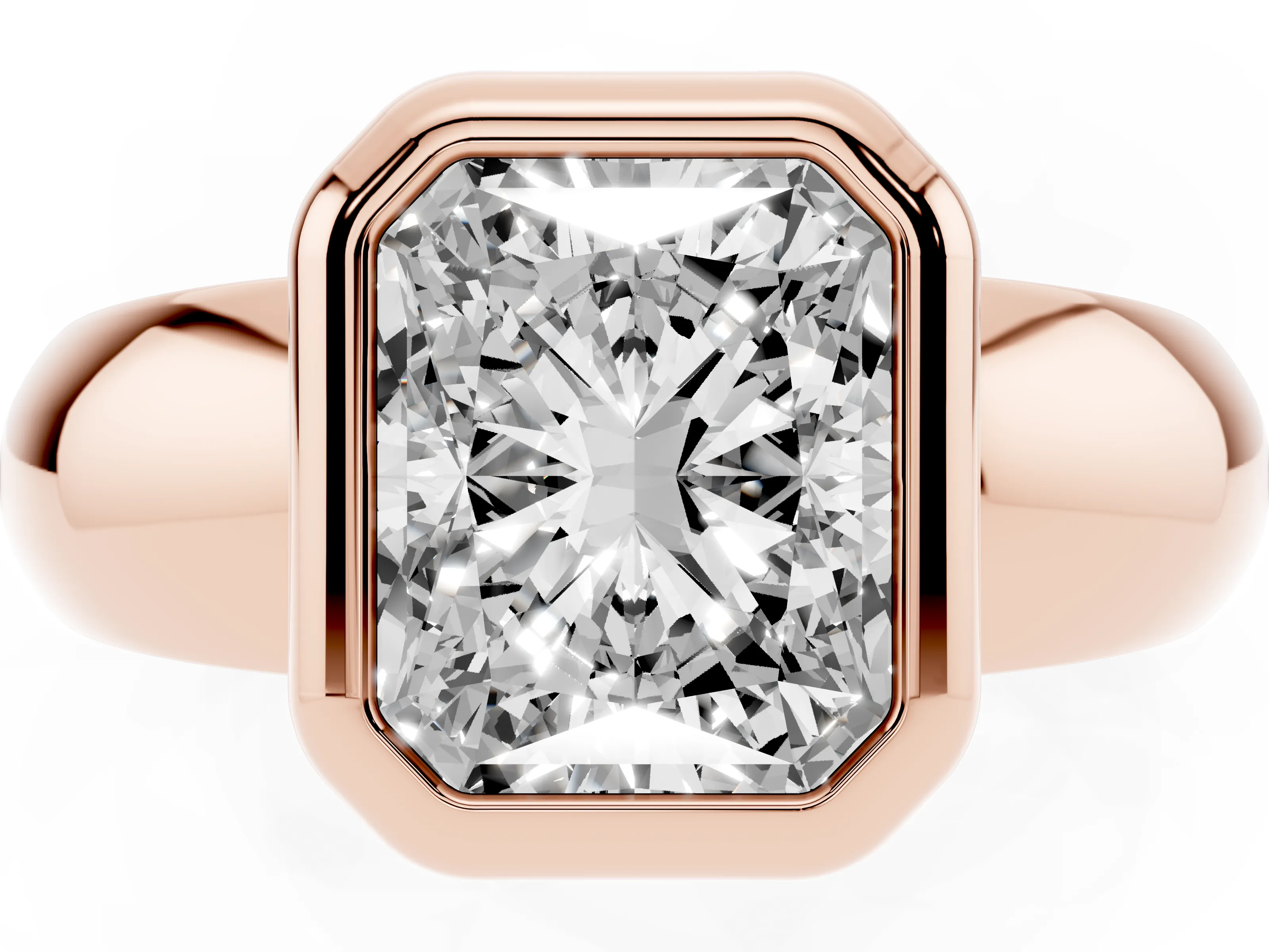 Bezel Set Radiant Cut Diamond Solitaire Ring Set in Rose gold with Wide Band