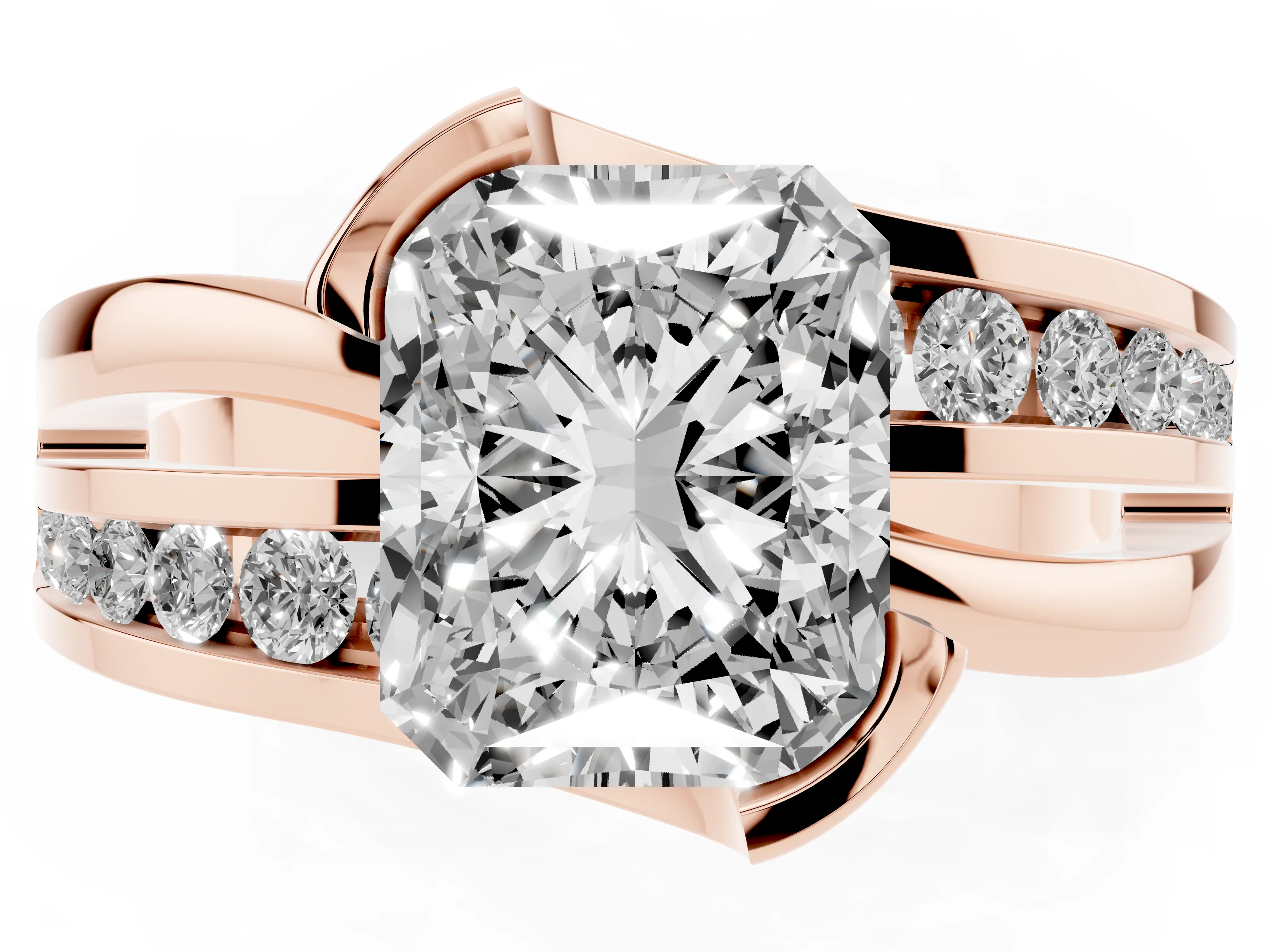 Radiant Cut Diamond Solitaire Ring Set in Rose gold with Channel Set Split Shank and Tension Prongs