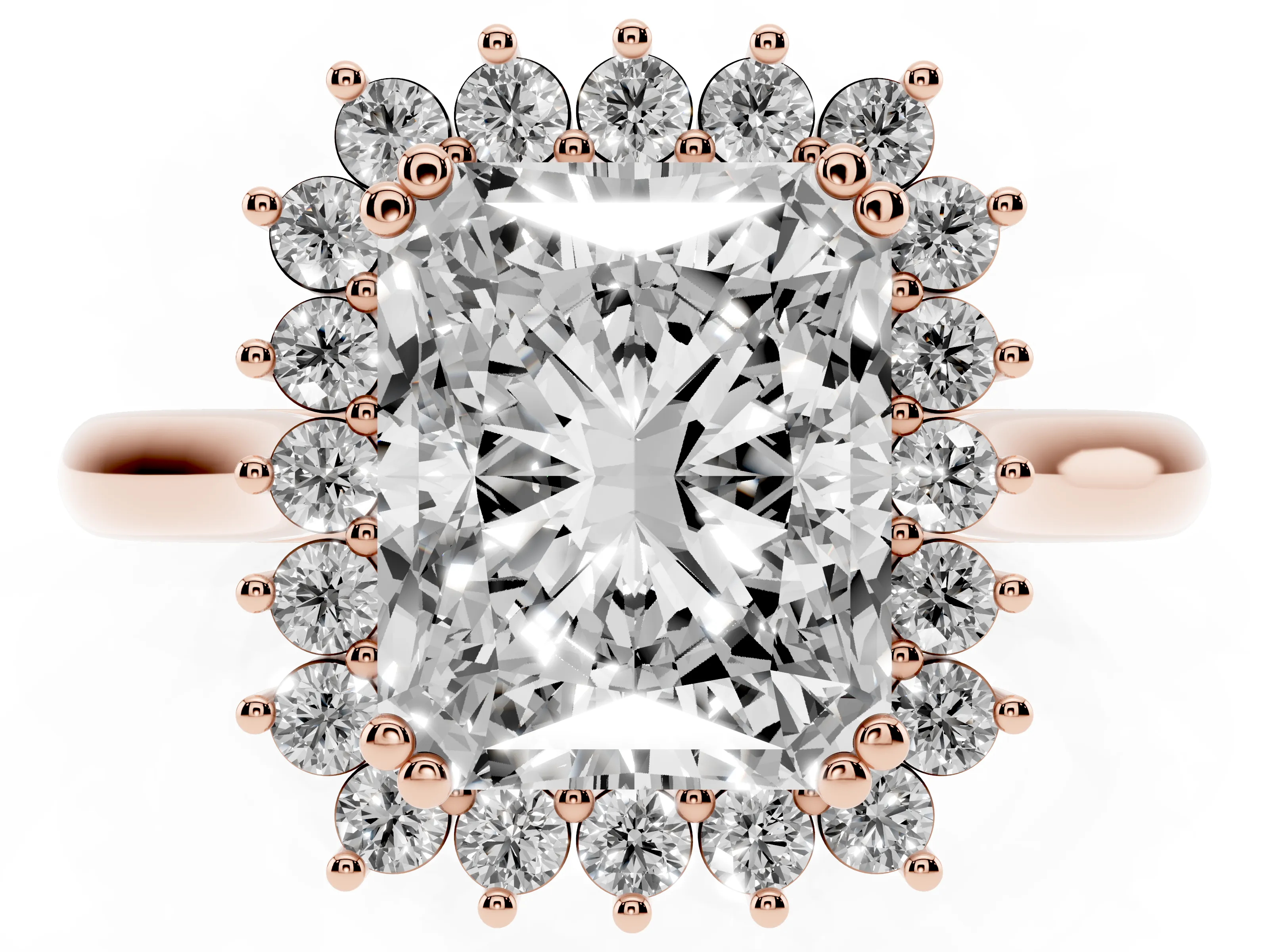 Radiant Cut Diamond Halo Ring Set in Rose gold with Plain Solitaire Band and Prong Setting