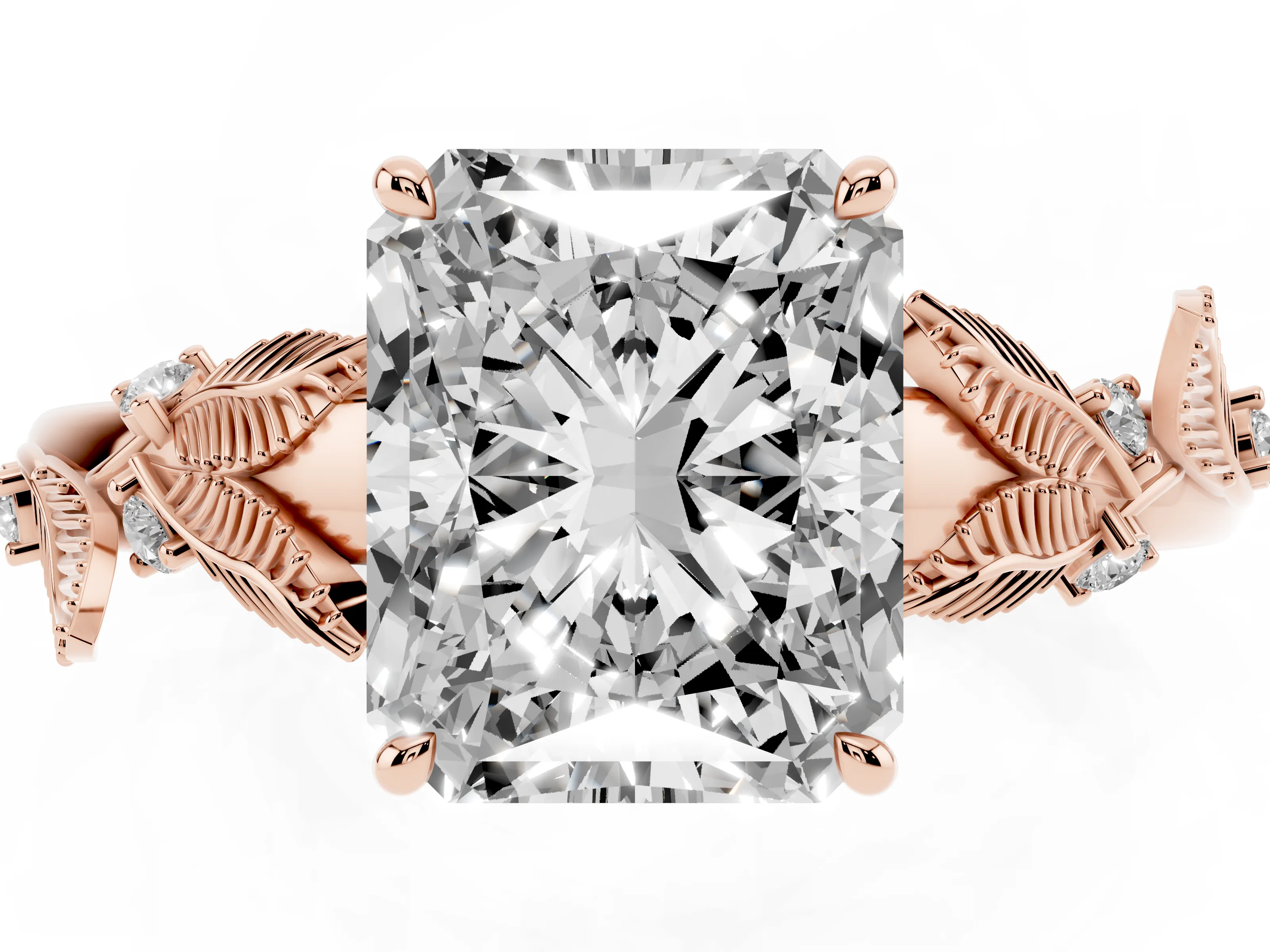 Radiant Cut Diamond Solitaire Ring Set in Rose gold with Leaf Motif Band