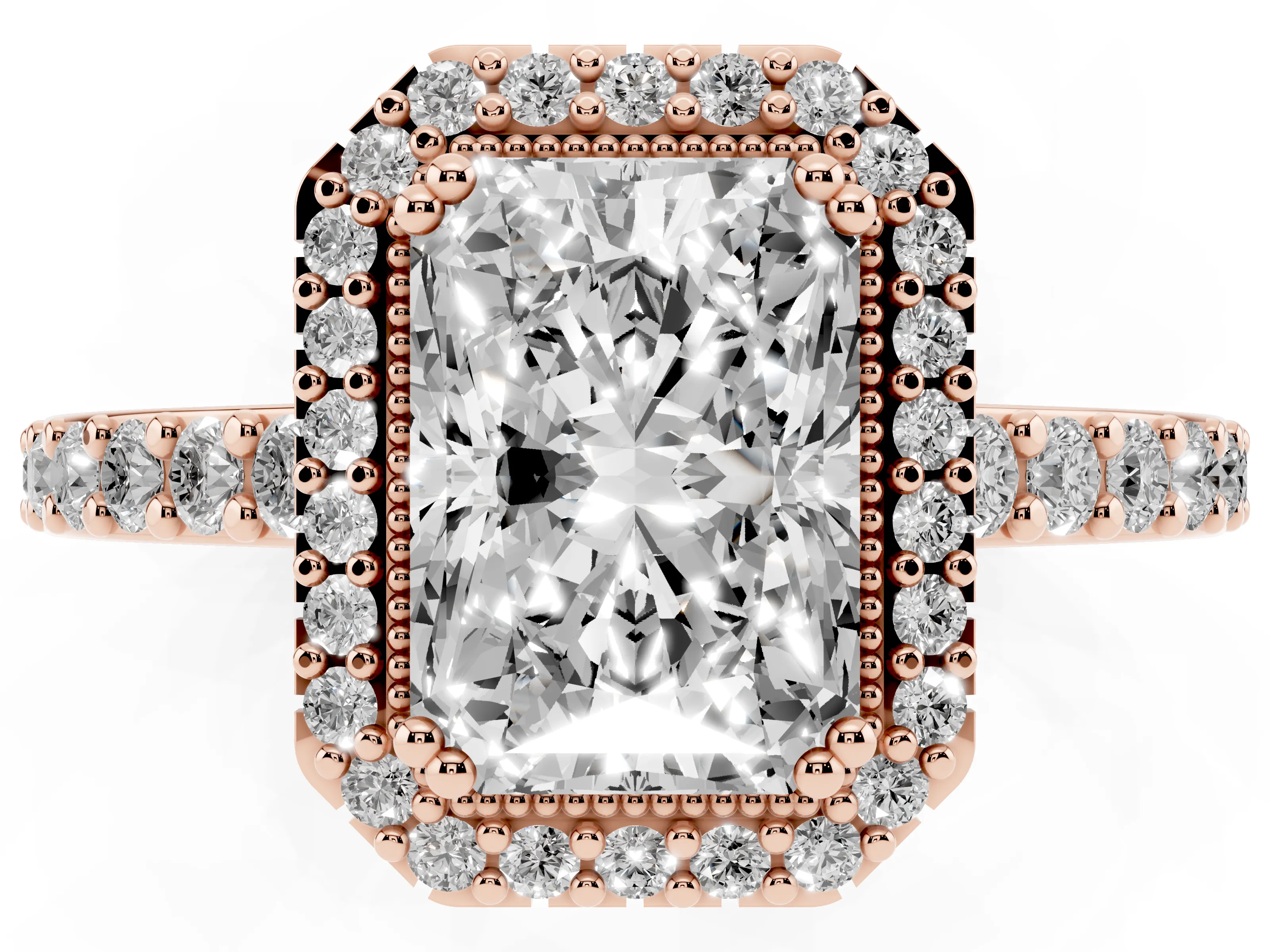 Radiant Cut Diamond Halo Engagement Ring Set in Rose gold with Milgrain Detail and Pavé Band