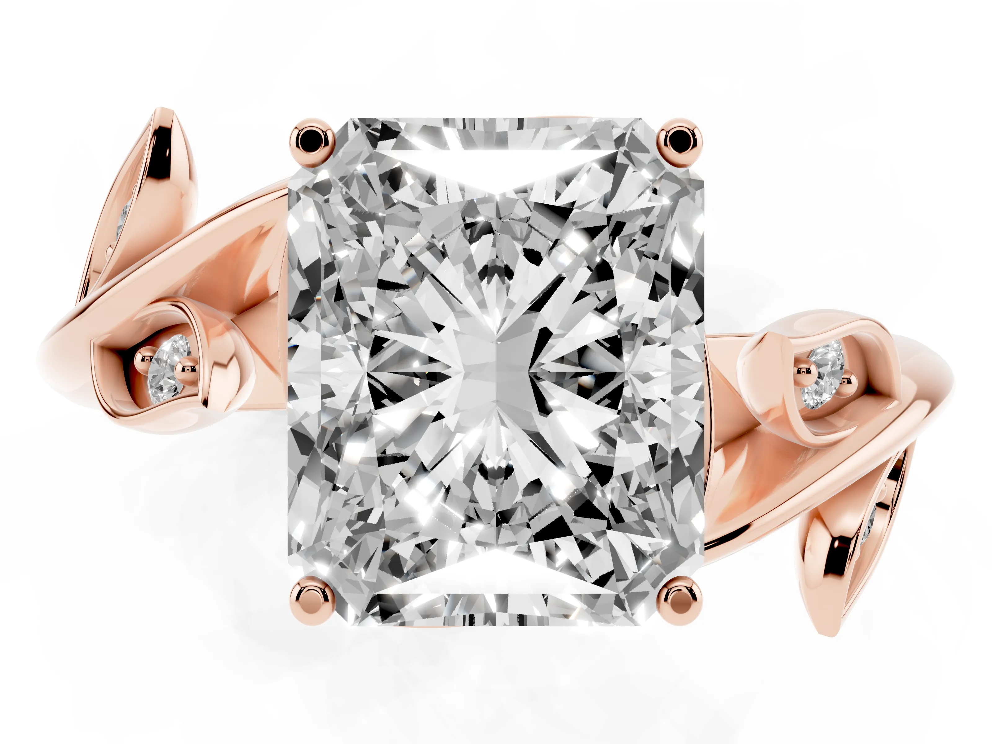 Radiant Cut Diamond Solitaire Twist Engagement Ring Set in Rose gold with Pavé Leaf Accents