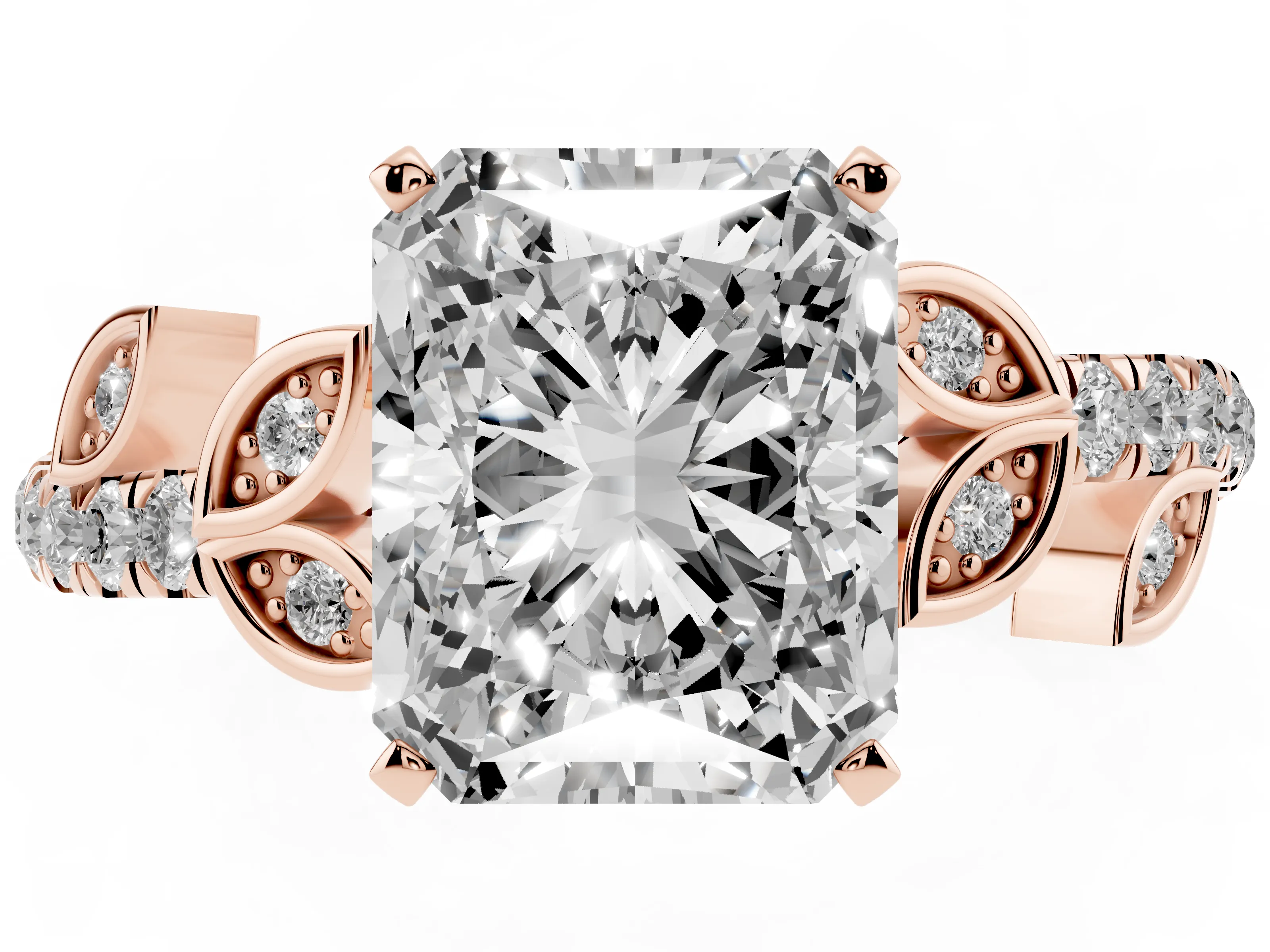 Radiant Cut Diamond Solitaire Leaf-Inspired Ring Set in Rose gold with Pavé Band and Prong Setting