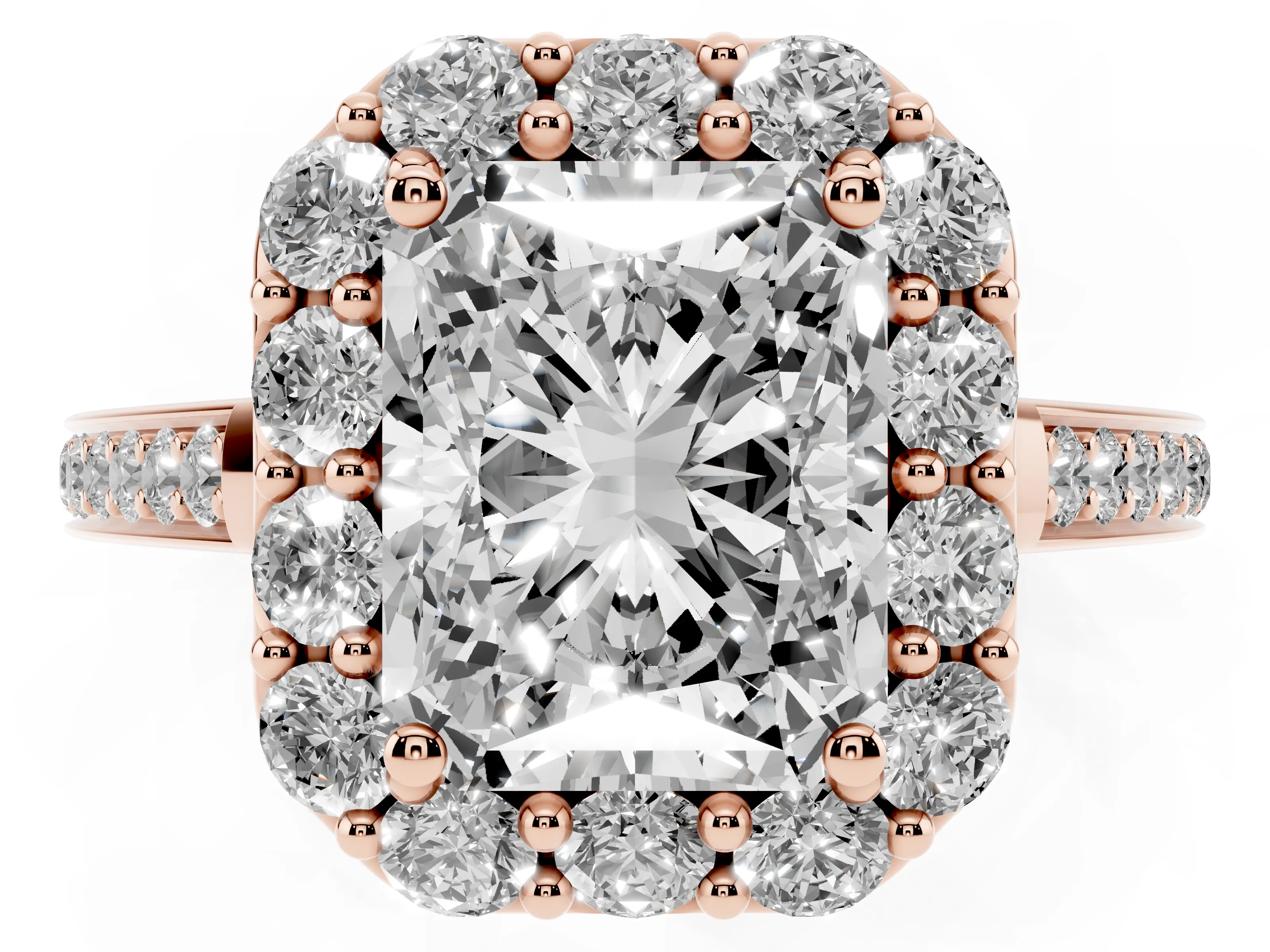 Radiant Cut Diamond Floral Halo Ring Set in Rose gold with Pavé Band and Prong Setting