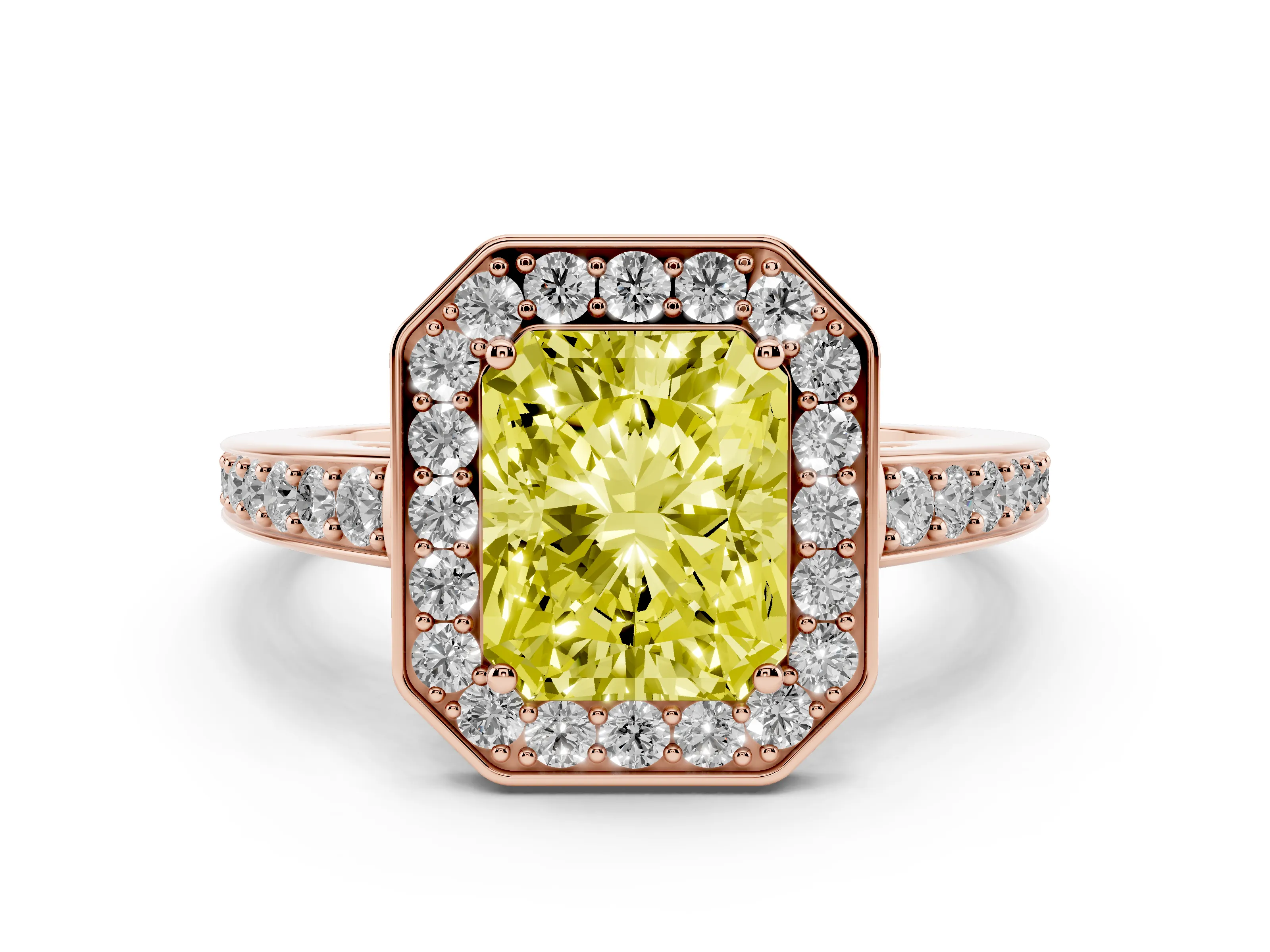 Fancy Yellow Radiant Cut Diamond Halo Pavé Engagement Ring Set in Rose gold with Bezel Setting